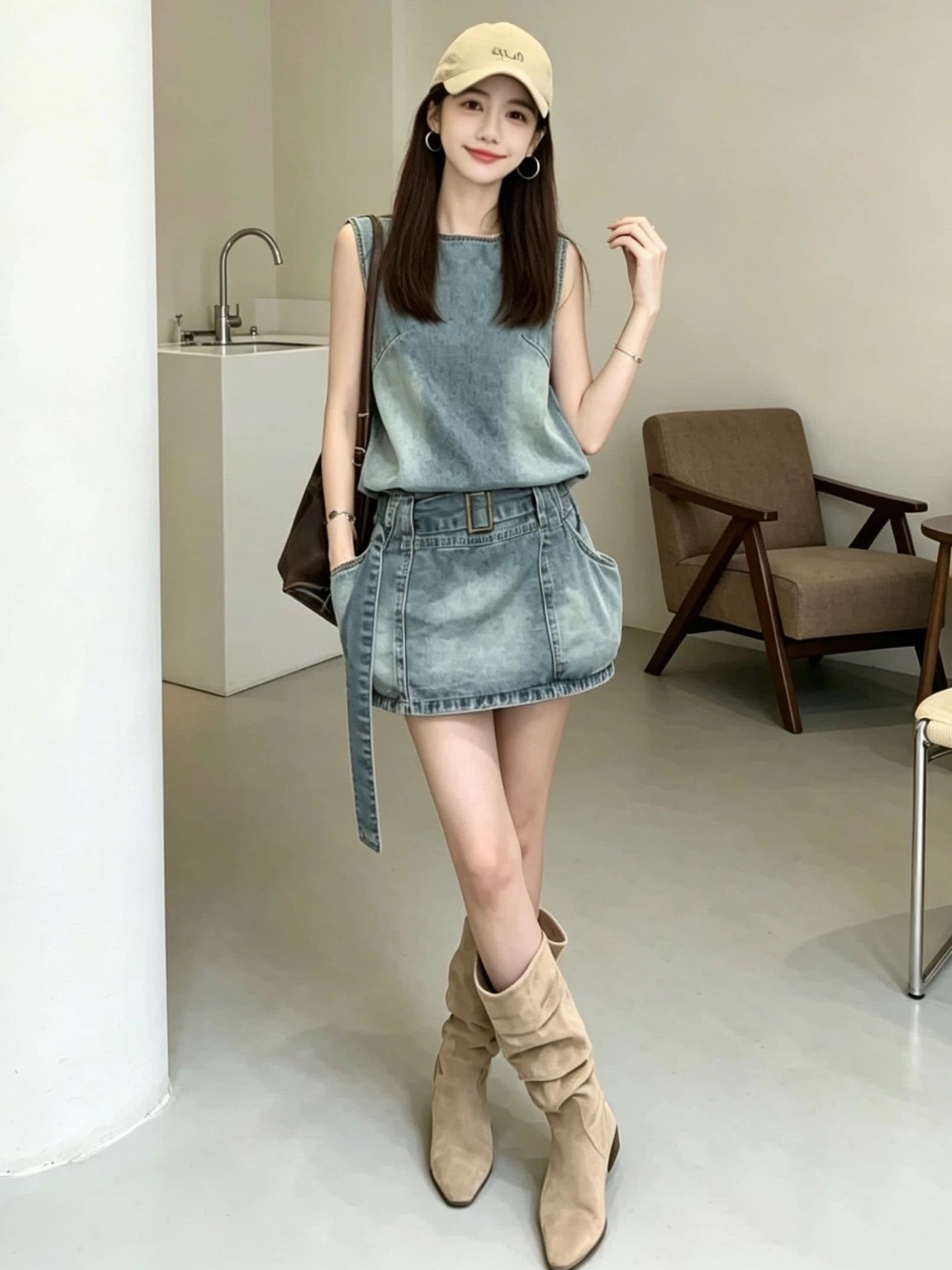 작은 대중 레트로 데님 민소매 여성 드레스 여름 2026 새로운 작은 키 부드러운 바람 패션 허리 수축 A라인 스커트 상세 이미지 1