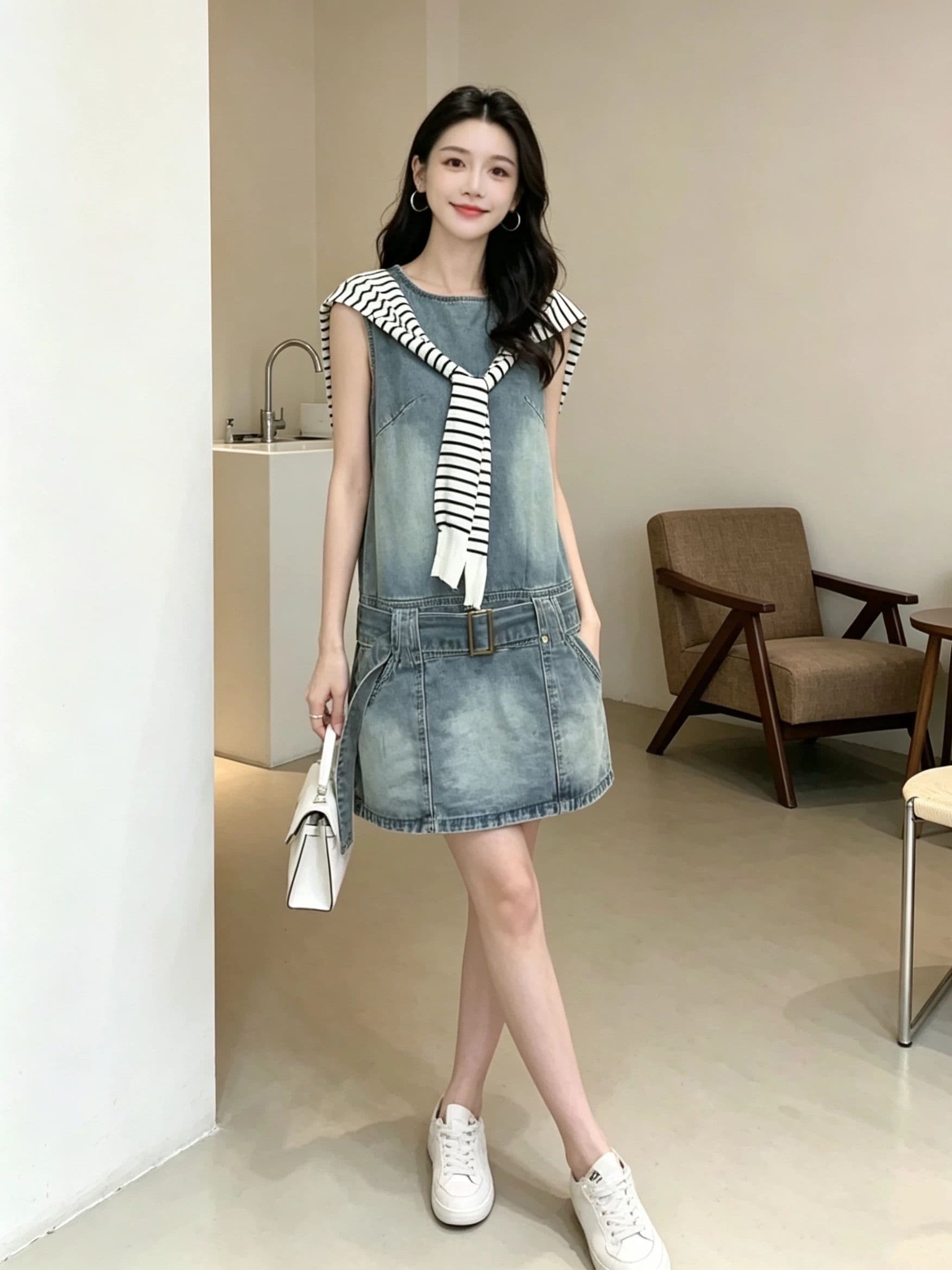 작은 대중 레트로 데님 민소매 여성 드레스 여름 2026 새로운 작은 키 부드러운 바람 패션 허리 수축 A라인 스커트 상세 이미지 2