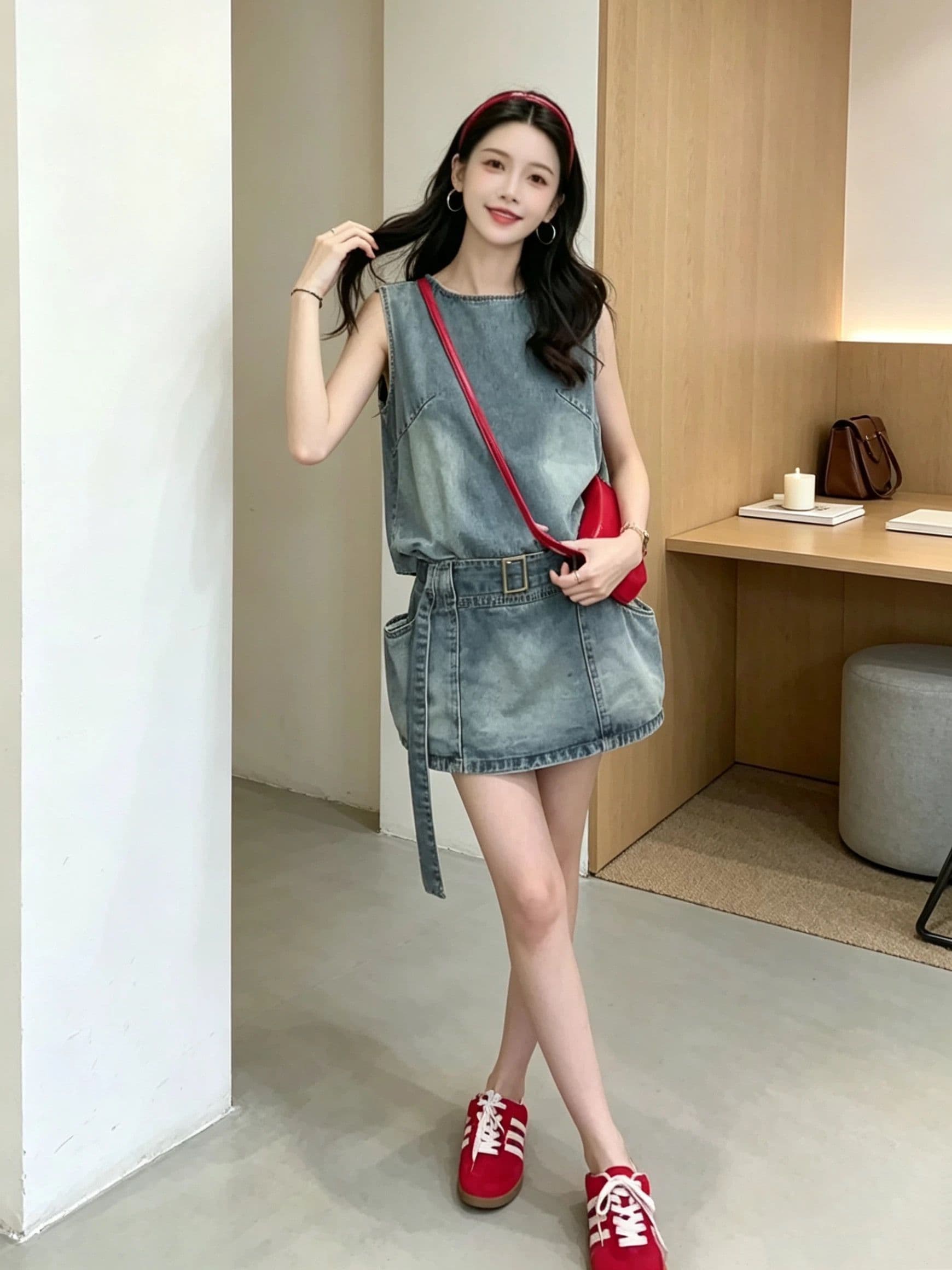작은 대중 레트로 데님 민소매 여성 드레스 여름 2026 새로운 작은 키 부드러운 바람 패션 허리 수축 A라인 스커트 상세 이미지 3