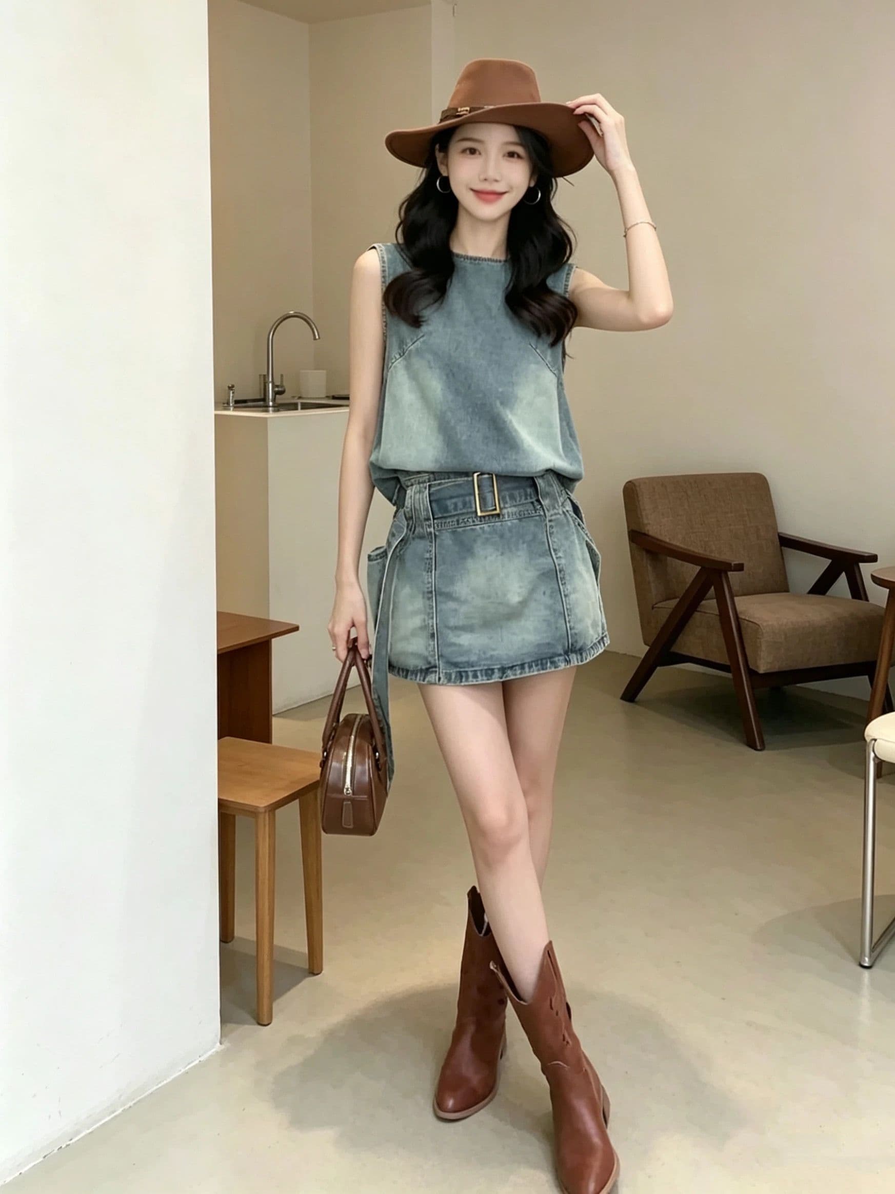 작은 대중 레트로 데님 민소매 여성 드레스 여름 2026 새로운 작은 키 부드러운 바람 패션 허리 수축 A라인 스커트 상세 이미지 4