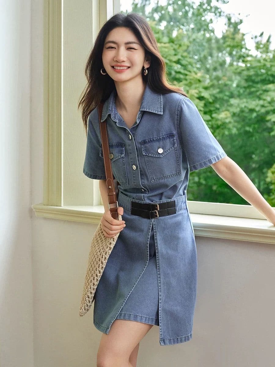 레트로 셔츠 데님 스커트 여성 의류 여름 새로운 허리 수축 슬림해 보이는 불규칙 디자인 센스 드레스