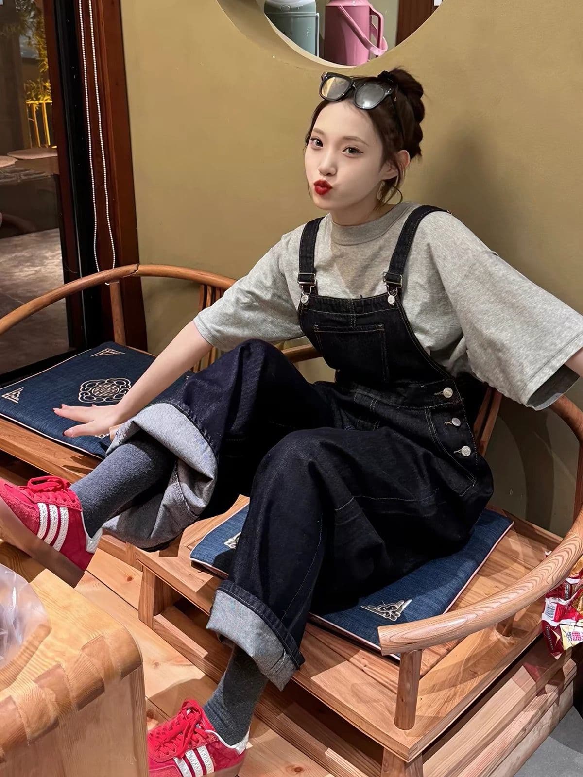 데님 멜빵 바지 여성 2026 새로운 작은 키 워크웨어 아메리칸 레트로 느긋한 바람 루즈핏 하이웨이스트 스트레이트 넓은 다리 상세 이미지 3