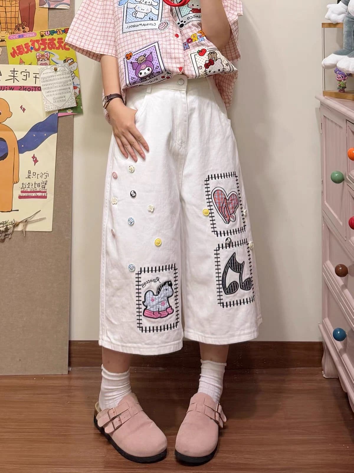 화이트 만화 패치 자수 단추 7 점 데님 반바지 여성 여름 얇은 스타일 하이웨이스트 루즈핏 스트레이트 와이드 레그 팬츠 상세 이미지 1
