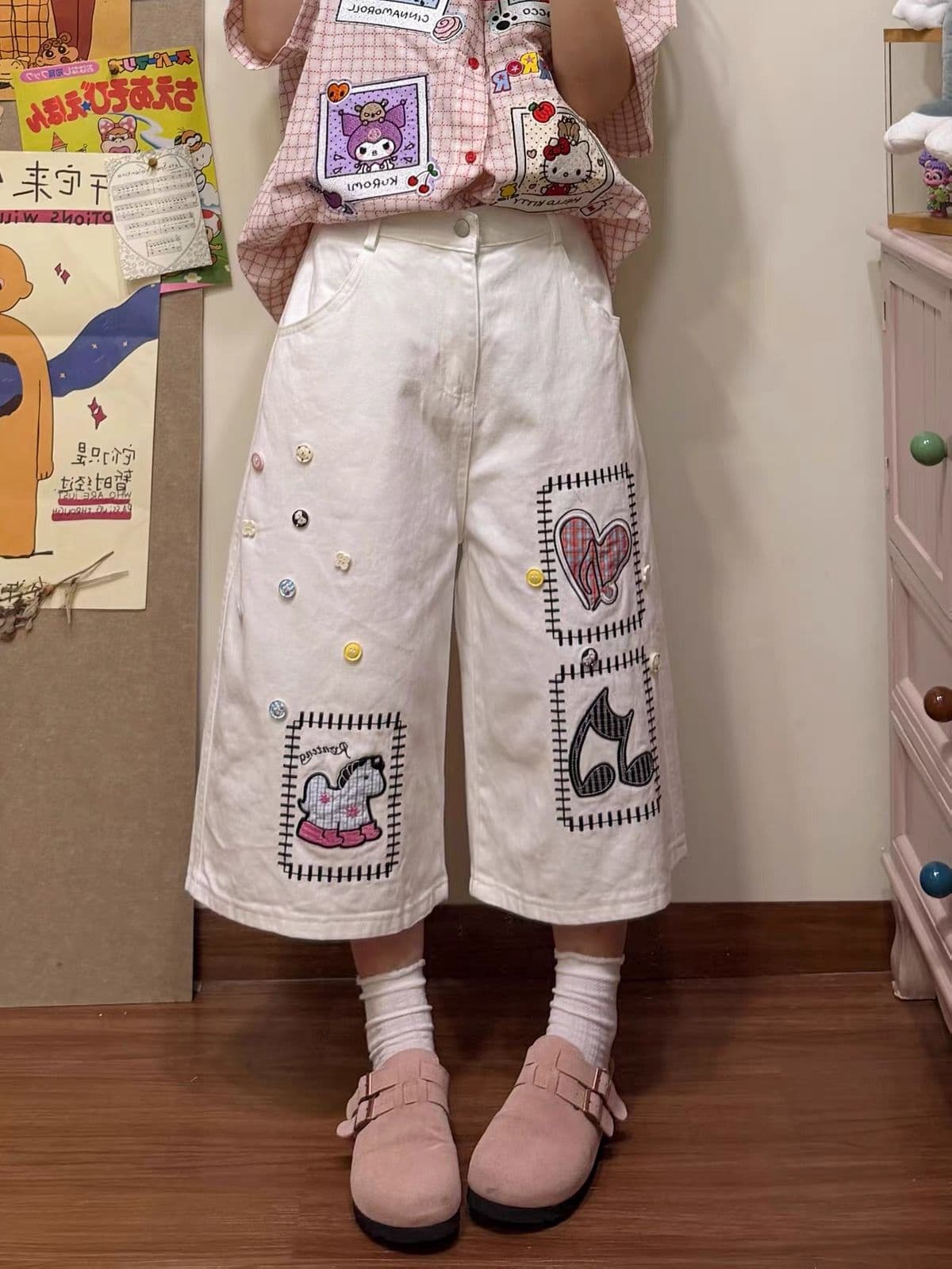 화이트 만화 패치 자수 단추 7 점 데님 반바지 여성 여름 얇은 스타일 하이웨이스트 루즈핏 스트레이트 와이드 레그 팬츠 상세 이미지 4