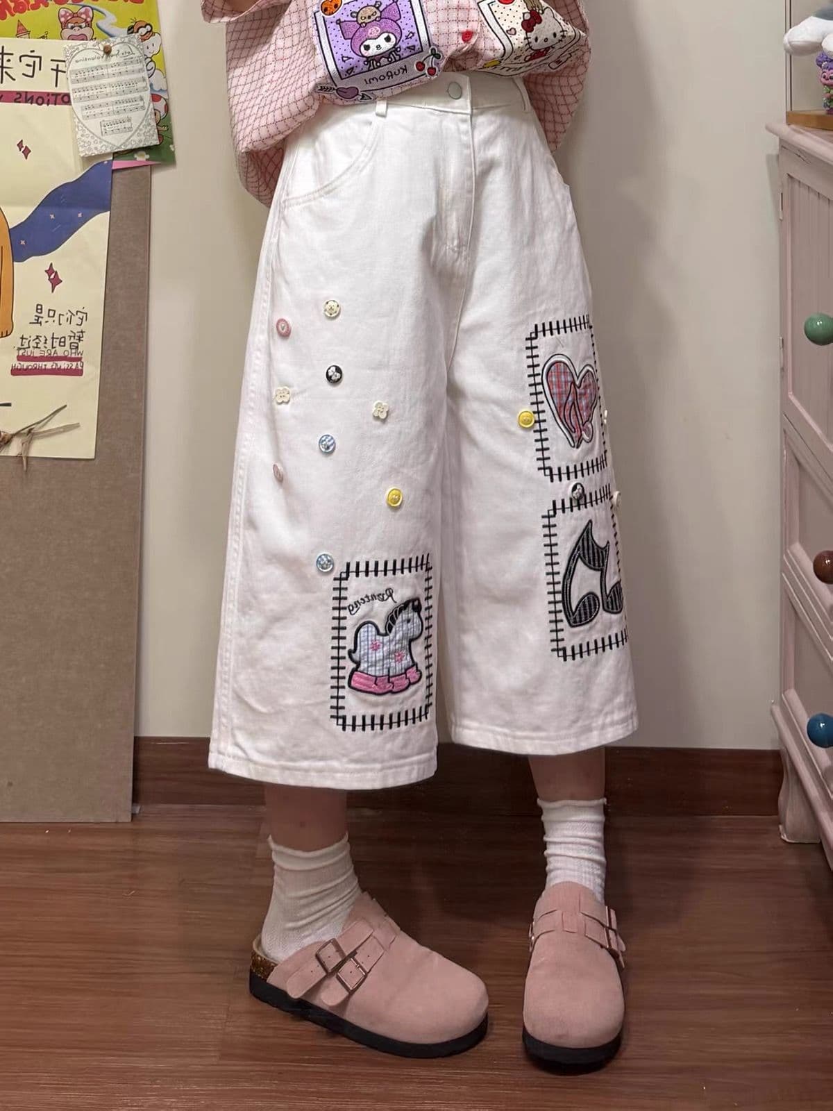 화이트 만화 패치 자수 단추 7 점 데님 반바지 여성 여름 얇은 스타일 하이웨이스트 루즈핏 스트레이트 와이드 레그 팬츠 상세 이미지 5