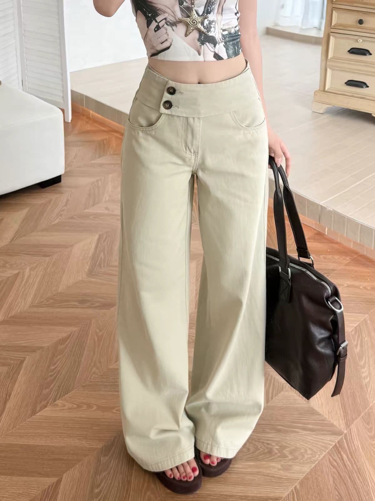 카키 색 느긋한 바람 더블 버클 허리 머리 넓은 다리 청바지 여성 여름 새로운 루즈핏 다용도 스트레이트 캐주얼 바지 상세 이미지 1