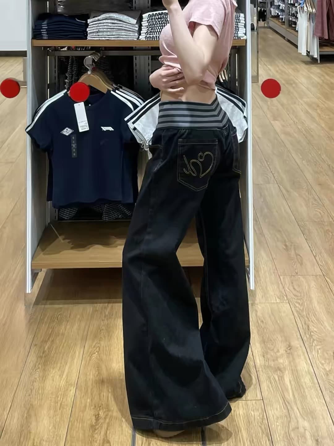 아메리칸 레트로 패치워크 넓은 다리 청바지 여성 핫걸 허리밴드 루즈핏 아니요 막대기 다리 마이크로 나팔 긴 바지 상세 이미지 1