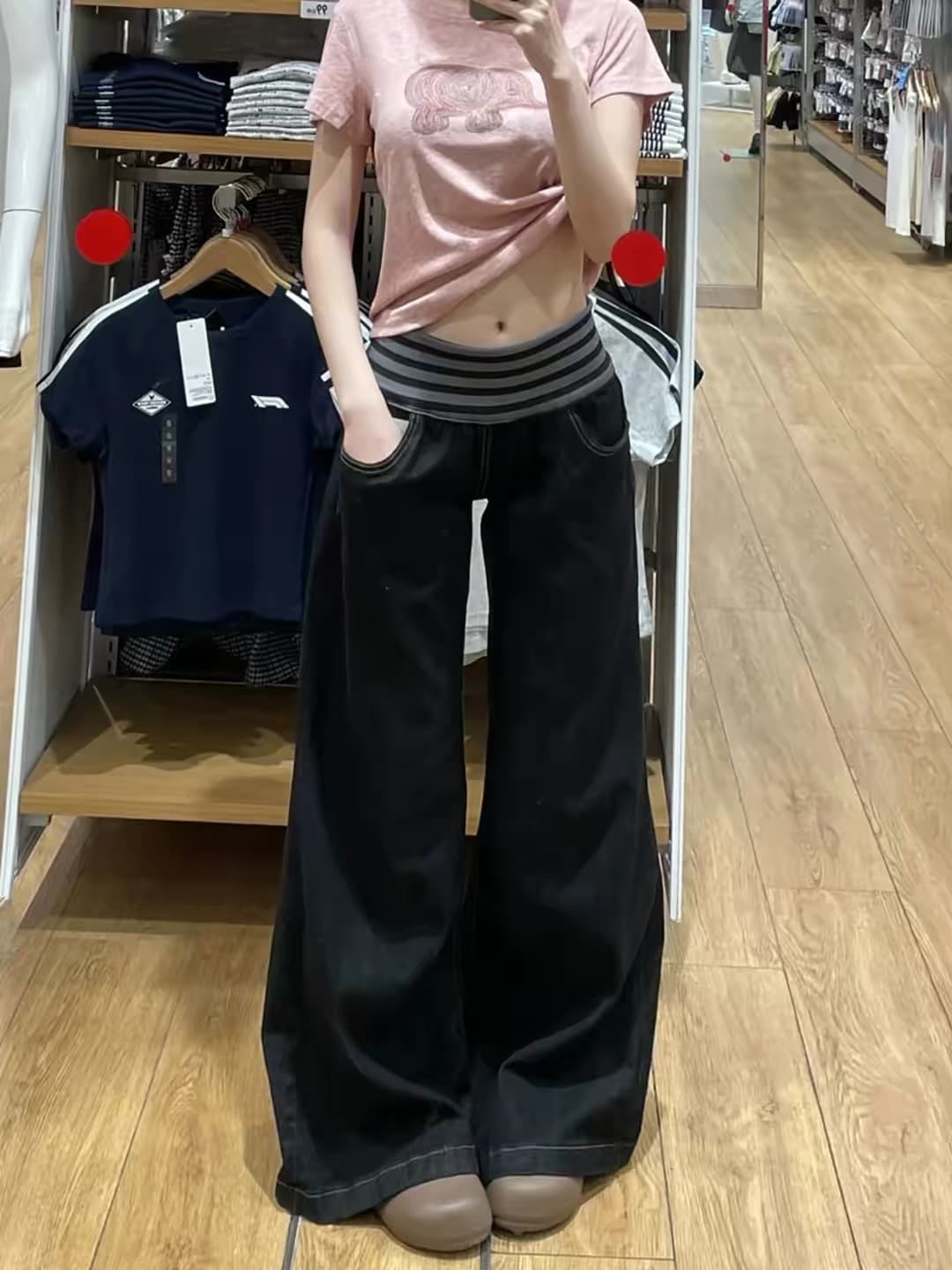 아메리칸 레트로 패치워크 넓은 다리 청바지 여성 핫걸 허리밴드 루즈핏 아니요 막대기 다리 마이크로 나팔 긴 바지 상세 이미지 2