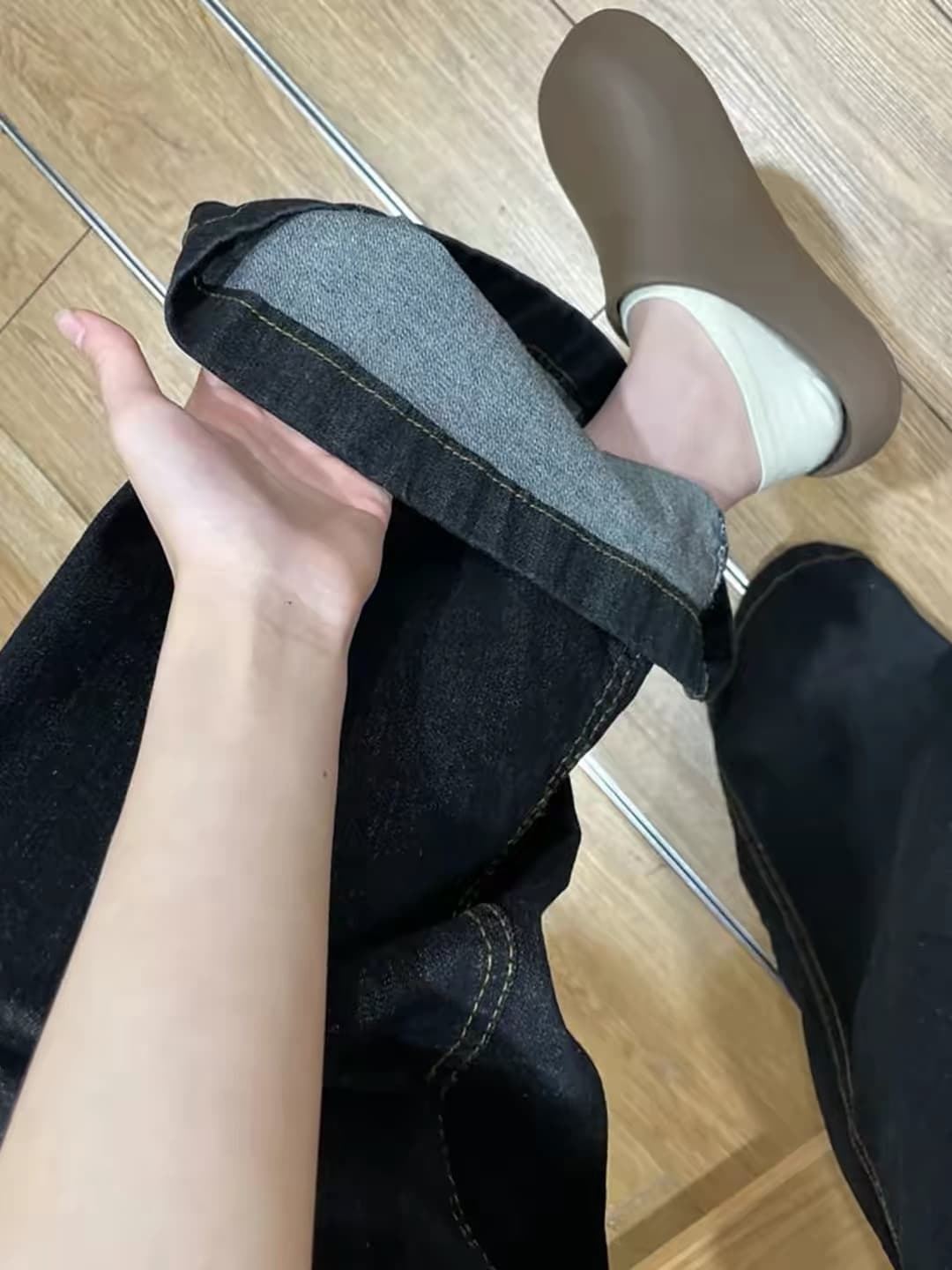 아메리칸 레트로 패치워크 넓은 다리 청바지 여성 핫걸 허리밴드 루즈핏 아니요 막대기 다리 마이크로 나팔 긴 바지 상세 이미지 4