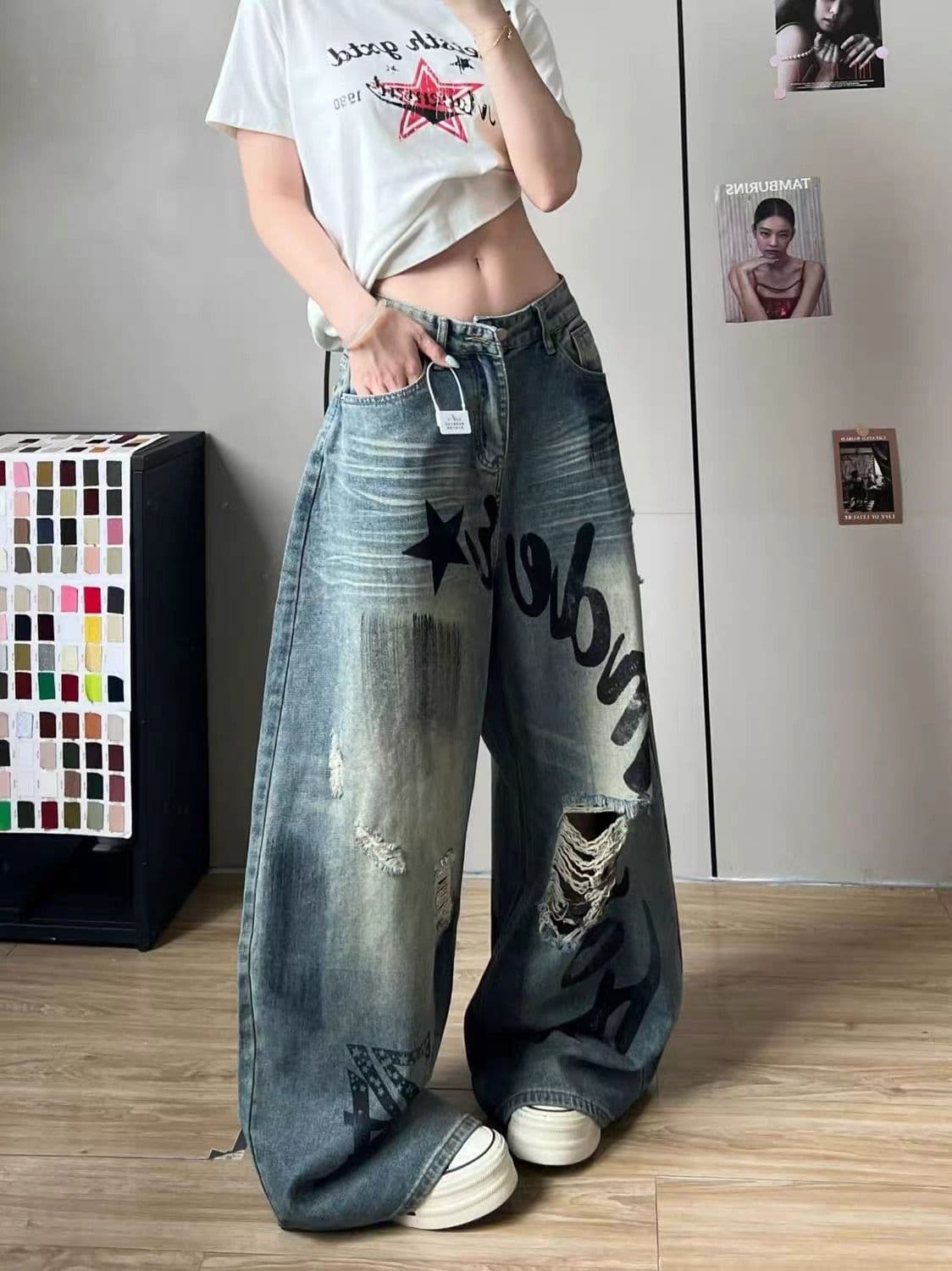 아메리칸 레트로 워싱 알파벳 프린트 찢어진 부분 디자인 넓은 다리 청바지 여성 가을 높음 거리 루즈핏 슬림해 보이는 긴 바지