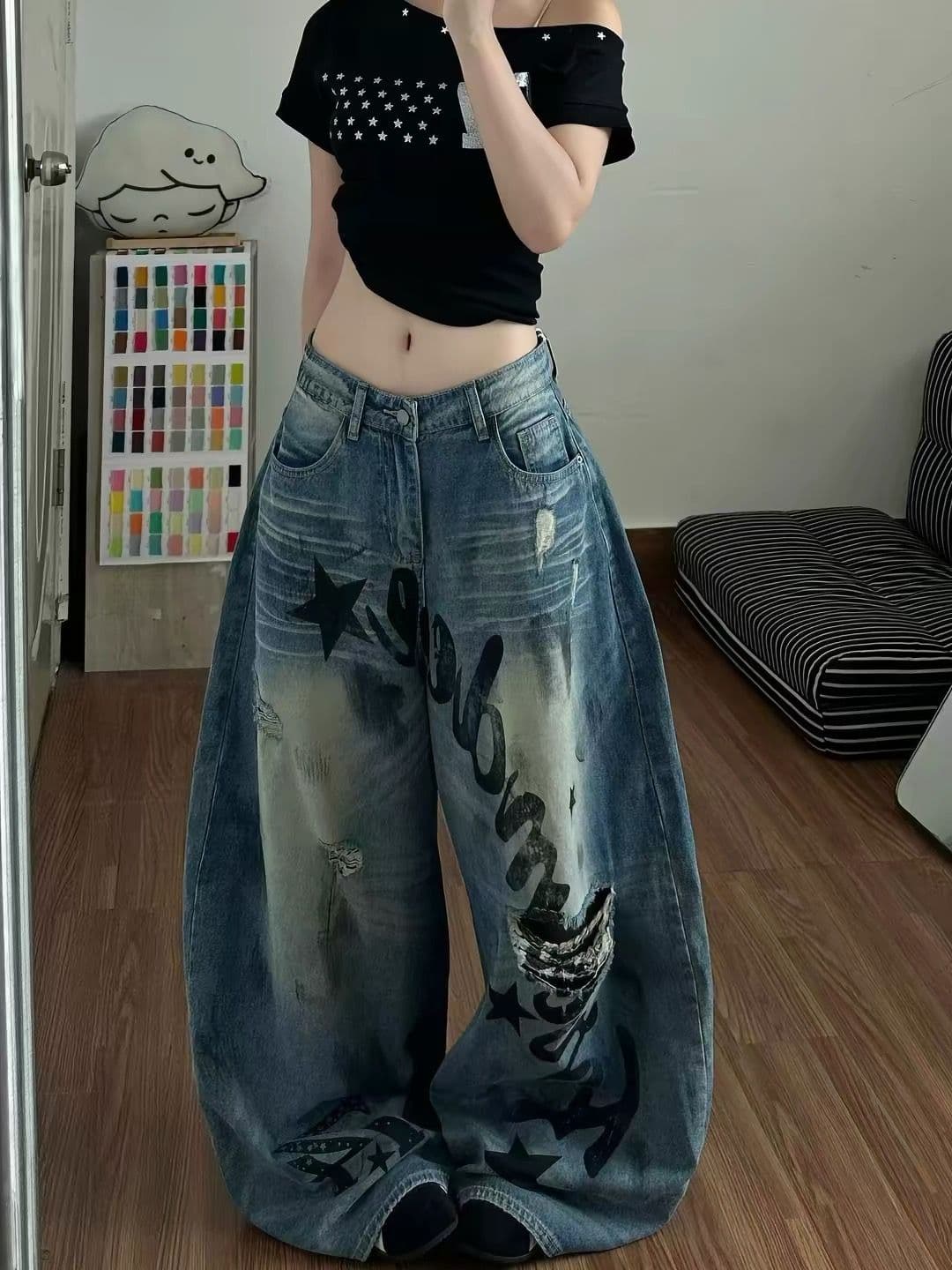 아메리칸 워싱 알파벳 프린트 찢어진 부분 청바지 여성 레트로 마 오래된 루즈핏 디자인 센스 슬림해 보이는 바닥 청소 와이드 레그 팬츠 상세 이미지 2