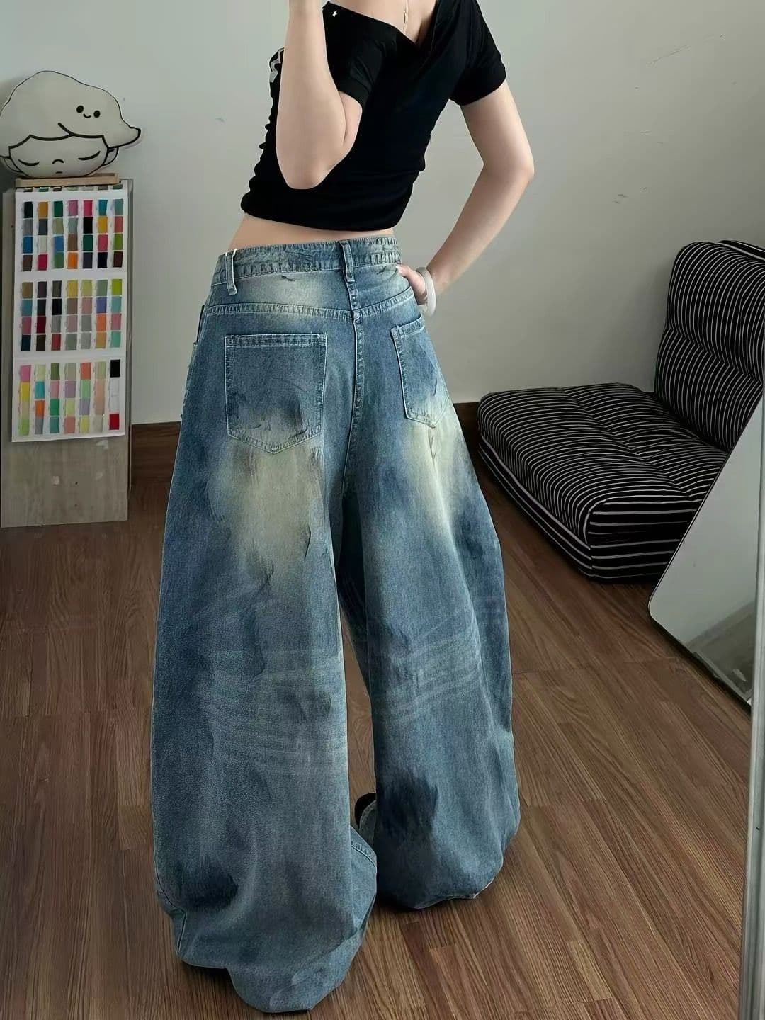 아메리칸 워싱 알파벳 프린트 찢어진 부분 청바지 여성 레트로 마 오래된 루즈핏 디자인 센스 슬림해 보이는 바닥 청소 와이드 레그 팬츠 상세 이미지 3