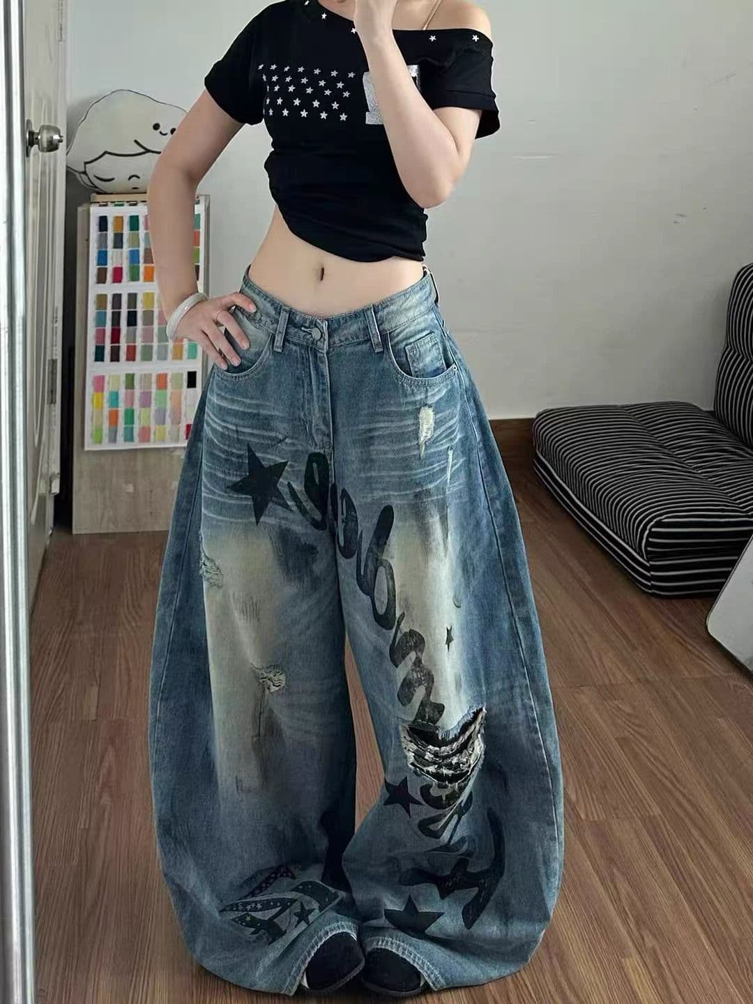 아메리칸 워싱 알파벳 프린트 찢어진 부분 청바지 여성 레트로 마 오래된 루즈핏 디자인 센스 슬림해 보이는 바닥 청소 와이드 레그 팬츠 상세 이미지 4
