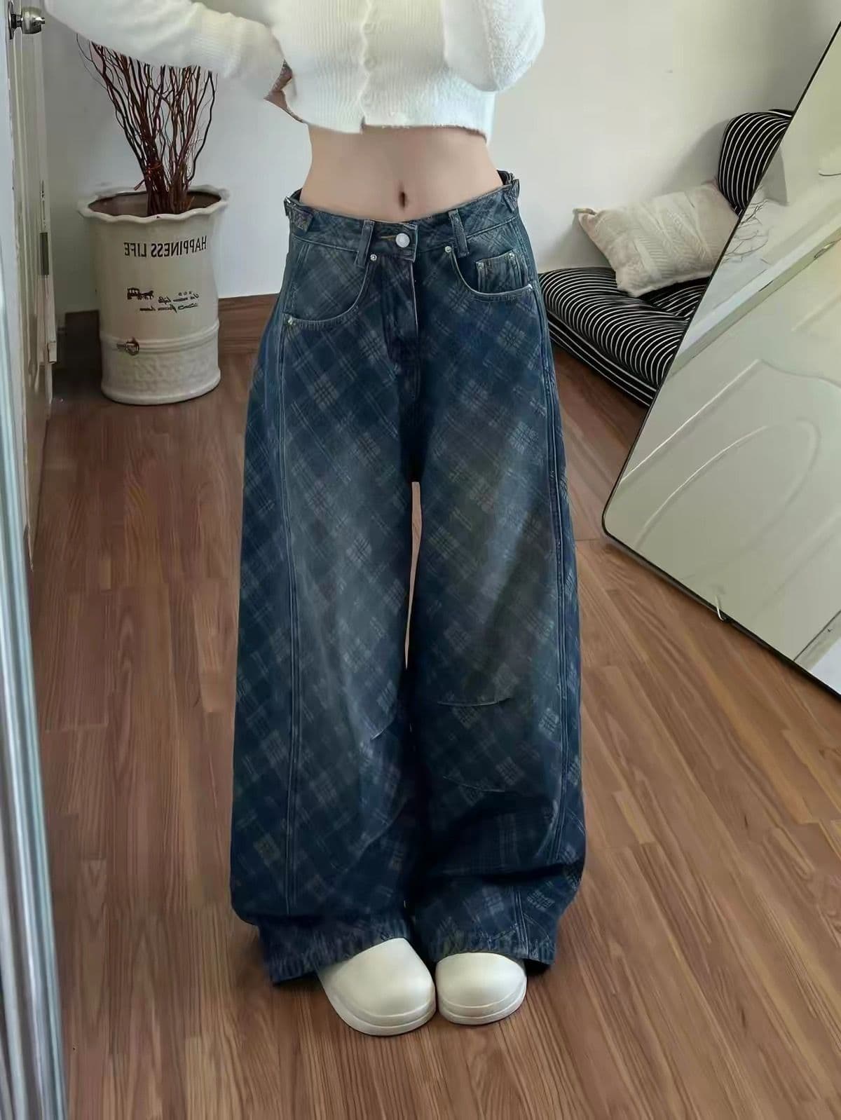 가을 새로운 루즈핏 캐주얼 와이드 레그 팬츠 디자인 센스 바닥 청소 바지 레트로 마 오래된 체크무늬 모통이 칼 청바지 남녀 이미지 3