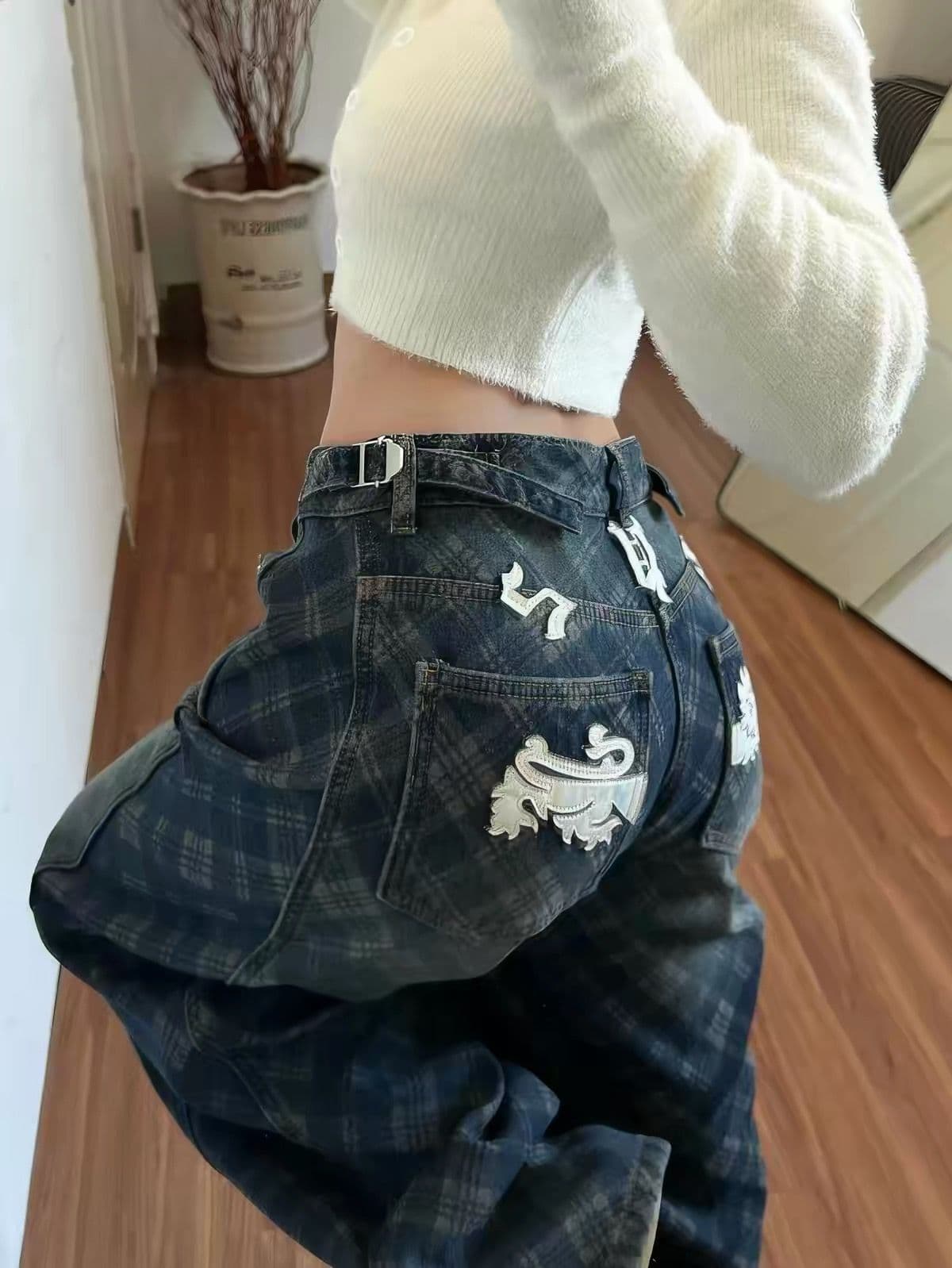 가을 새로운 루즈핏 캐주얼 와이드 레그 팬츠 디자인 센스 바닥 청소 바지 레트로 마 오래된 체크무늬 모통이 칼 청바지 남녀 이미지 2