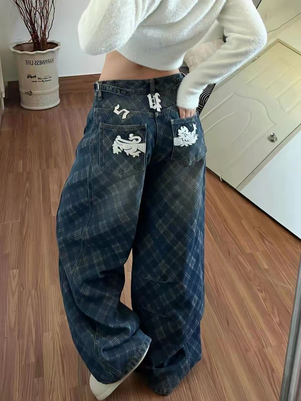 가을 새로운 루즈핏 캐주얼 와이드 레그 팬츠 디자인 센스 바닥 청소 바지 레트로 마 오래된 체크무늬 모통이 칼 청바지 남녀 상세 이미지 1