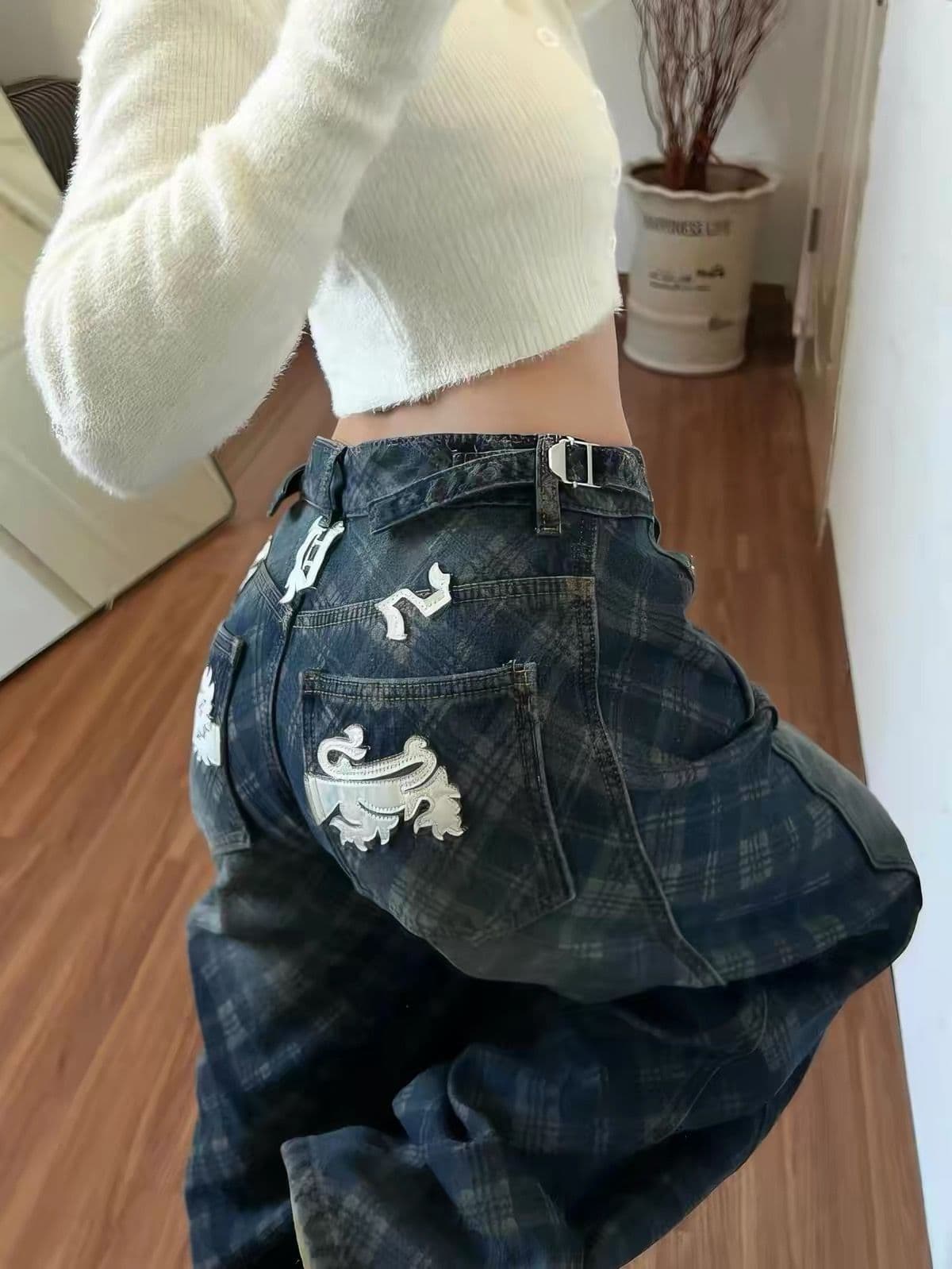 가을 새로운 루즈핏 캐주얼 와이드 레그 팬츠 디자인 센스 바닥 청소 바지 레트로 마 오래된 체크무늬 모통이 칼 청바지 남녀 상세 이미지 3