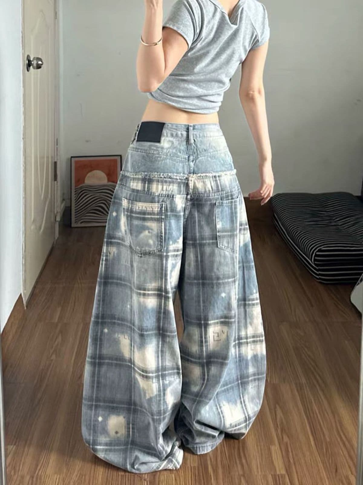 아메리칸 레트로 체크무늬 패치워크 찢어진 부분 청바지 여성 가을 핫걸 개성 루즈핏 슬림해 보이는 모통이 칼 바닥 청소 바지 이미지 2