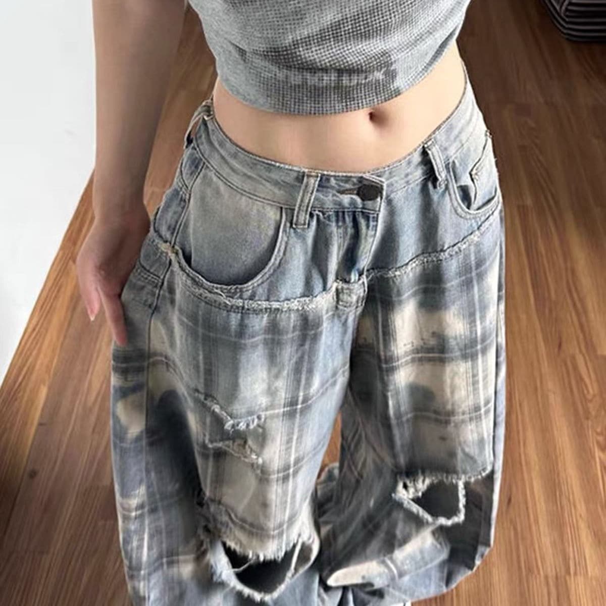 아메리칸 레트로 체크무늬 패치워크 찢어진 부분 청바지 여성 가을 핫걸 개성 루즈핏 슬림해 보이는 모통이 칼 바닥 청소 바지 이미지 5
