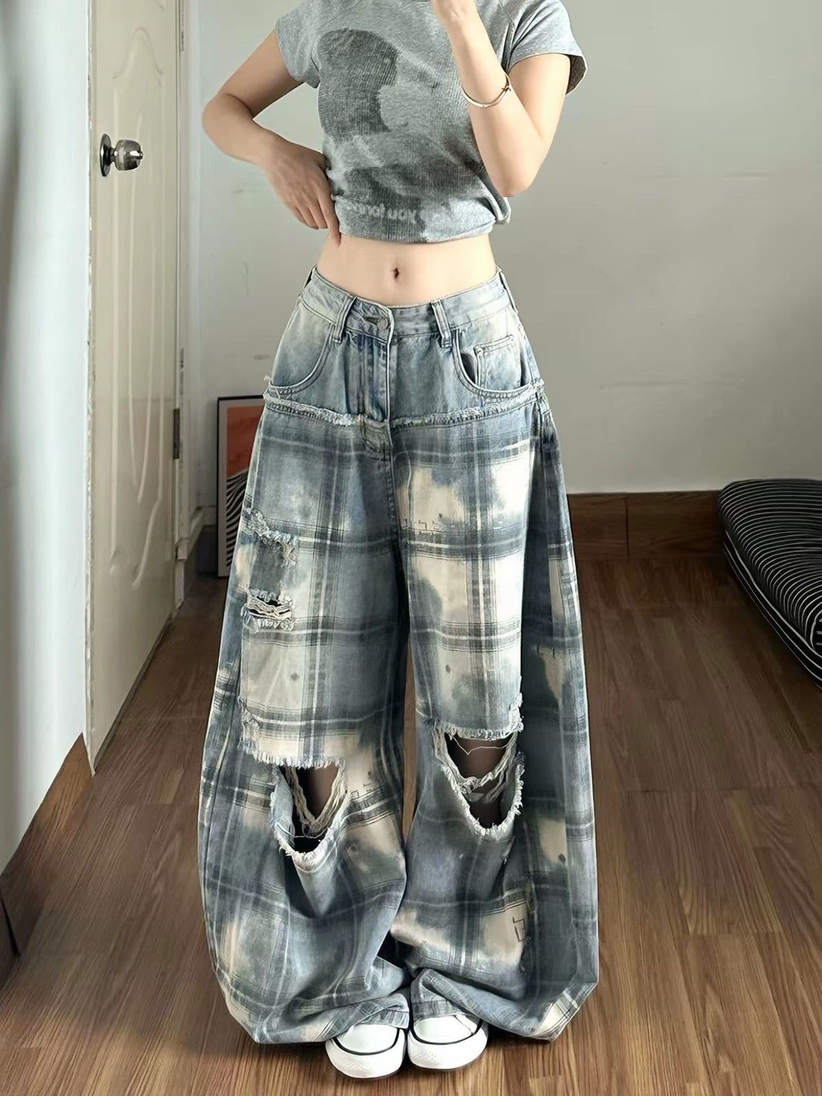 아메리칸 레트로 체크무늬 패치워크 찢어진 부분 청바지 여성 가을 핫걸 개성 루즈핏 슬림해 보이는 모통이 칼 바닥 청소 바지 상세 이미지 2