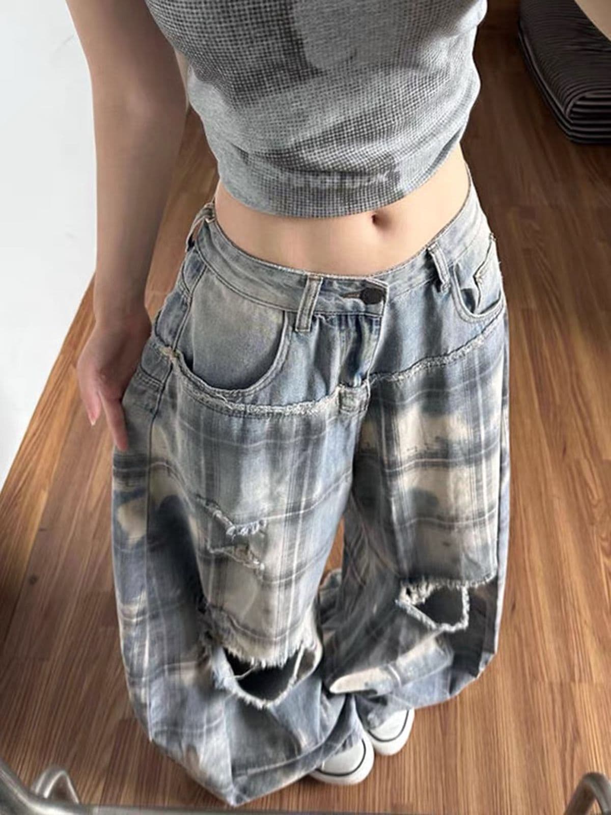 아메리칸 레트로 체크무늬 패치워크 찢어진 부분 청바지 여성 가을 핫걸 개성 루즈핏 슬림해 보이는 모통이 칼 바닥 청소 바지 상세 이미지 4