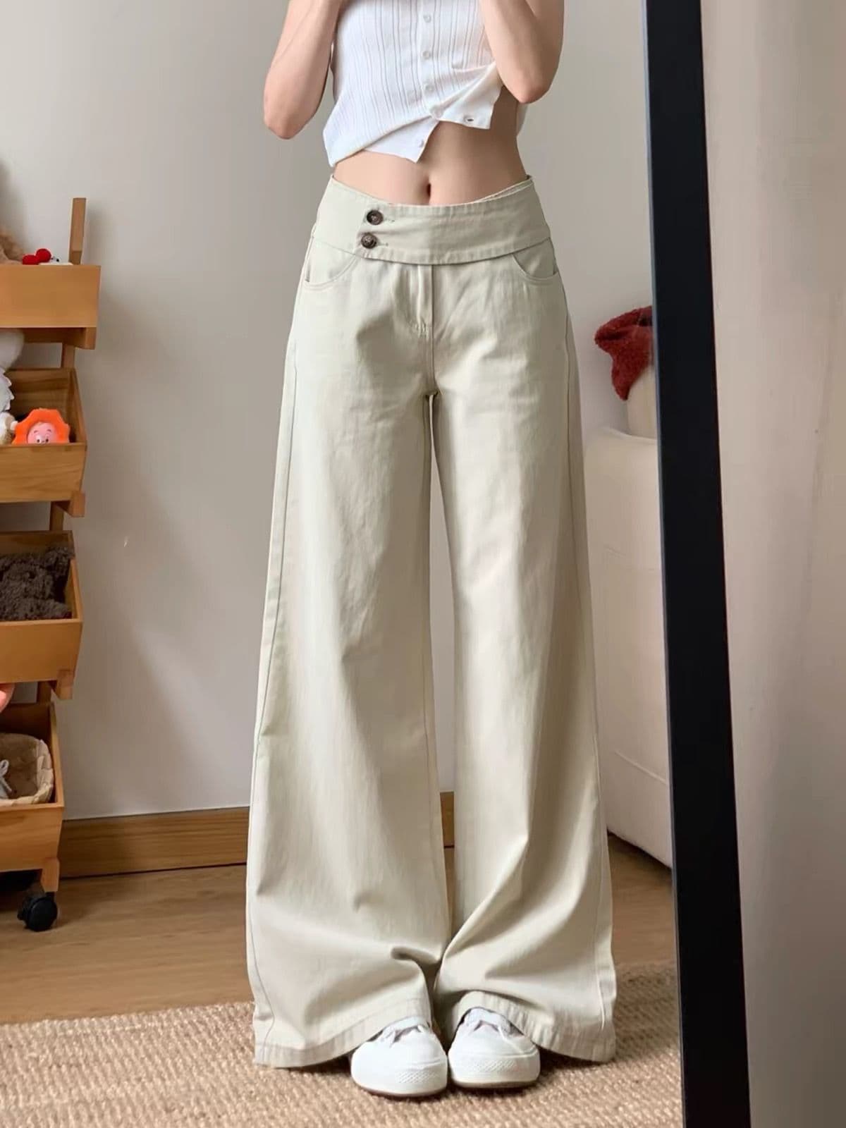 느긋한 바람 더블 버클 허리 머리 넓은 다리 청바지 여성 가을 새로운 루즈핏 다용도 스트레이트 캐주얼 바지
