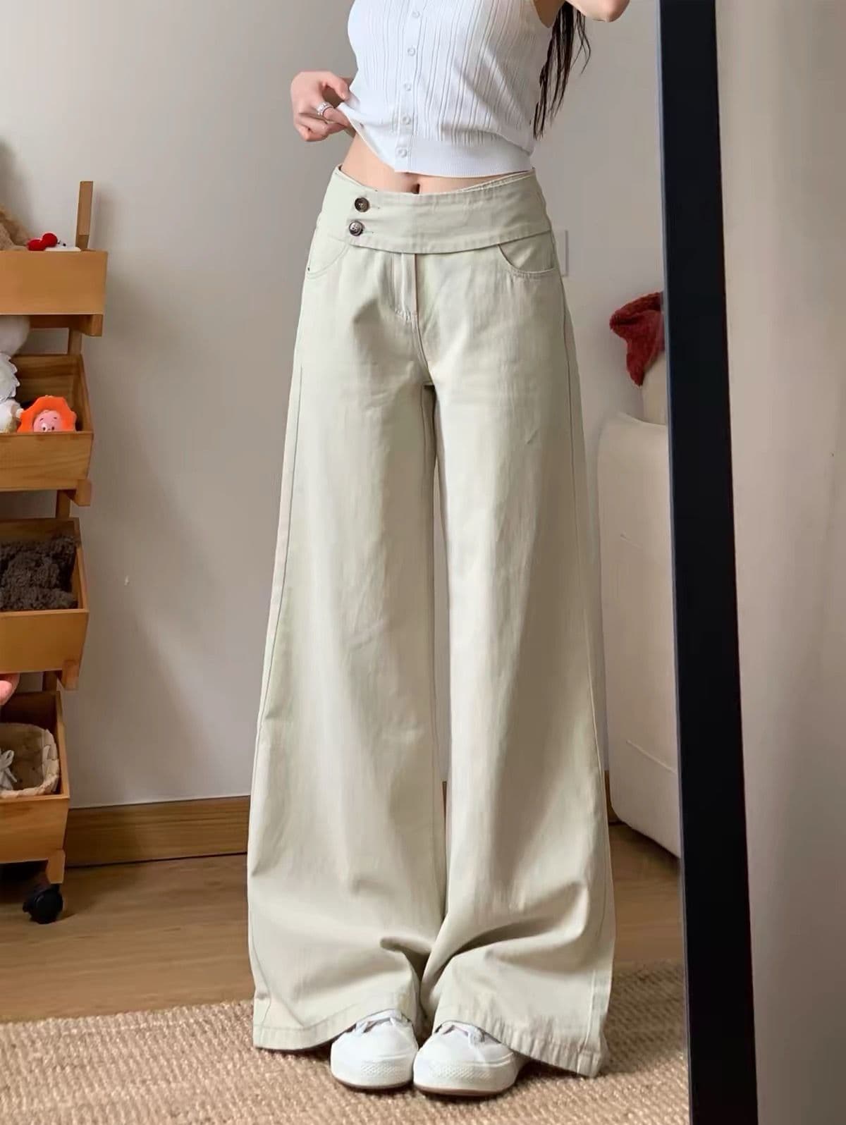 느긋한 바람 더블 버클 허리 머리 넓은 다리 청바지 여성 가을 새로운 루즈핏 다용도 스트레이트 캐주얼 바지 이미지 4