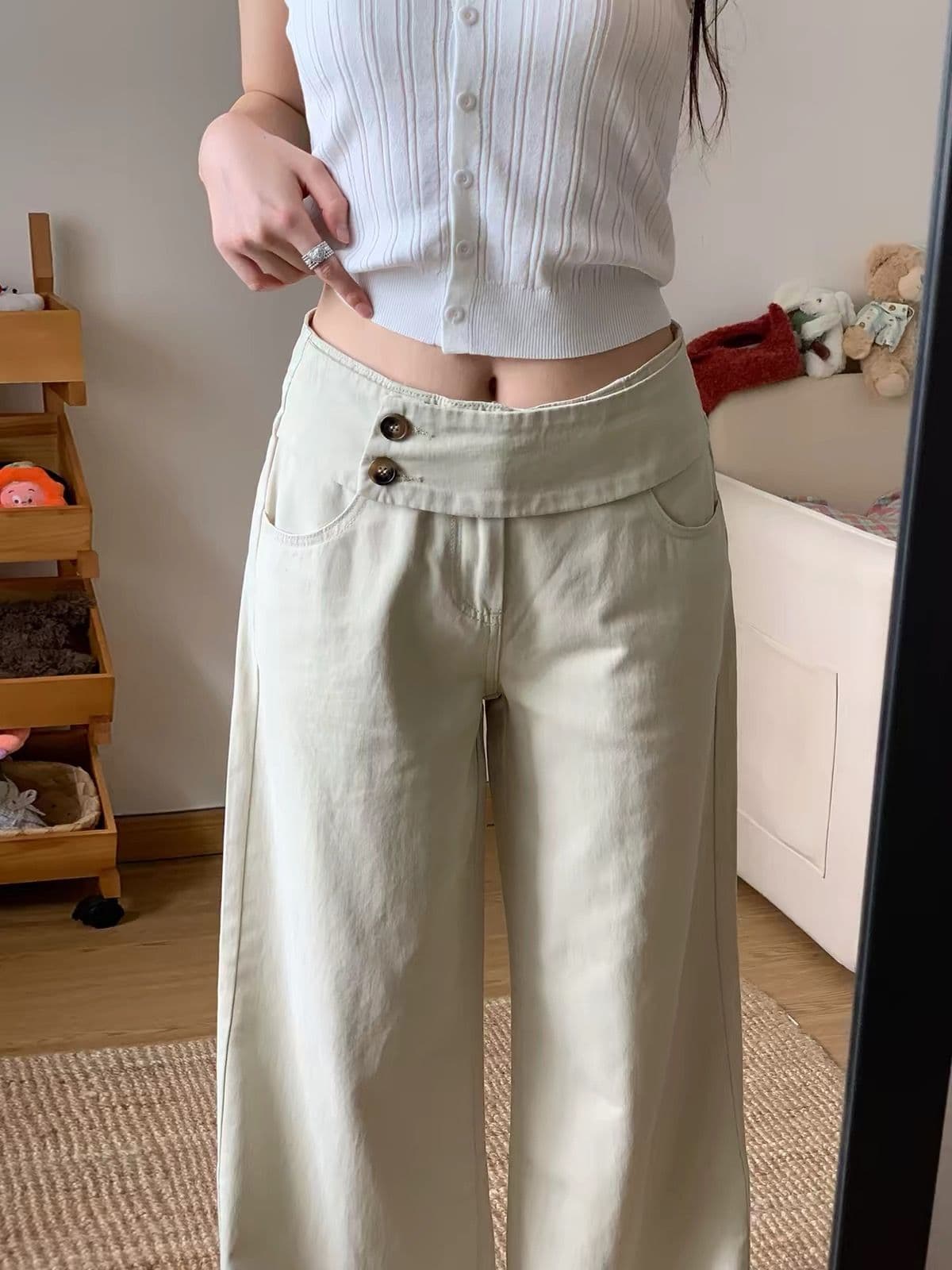 느긋한 바람 더블 버클 허리 머리 넓은 다리 청바지 여성 가을 새로운 루즈핏 다용도 스트레이트 캐주얼 바지 이미지 2