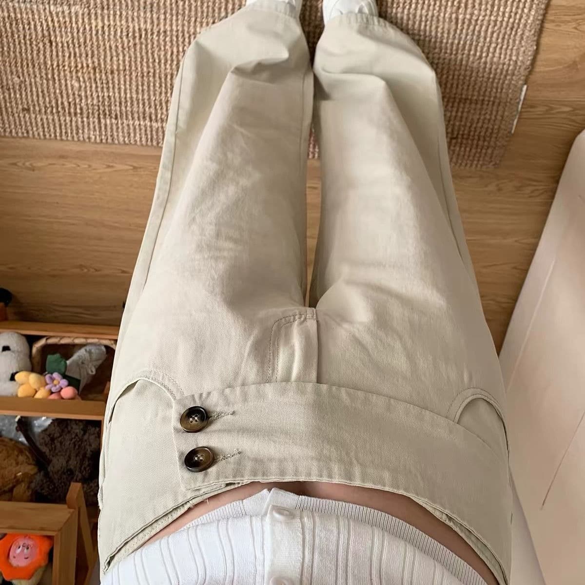 느긋한 바람 더블 버클 허리 머리 넓은 다리 청바지 여성 가을 새로운 루즈핏 다용도 스트레이트 캐주얼 바지 이미지 5