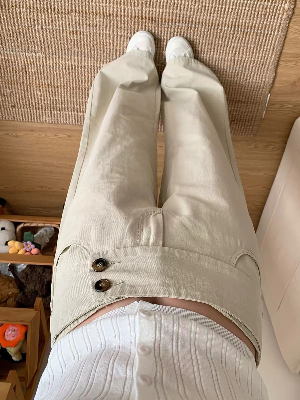 느긋한 바람 더블 버클 허리 머리 넓은 다리 청바지 여성 가을 새로운 루즈핏 다용도 스트레이트 캐주얼 바지 상세 이미지 5