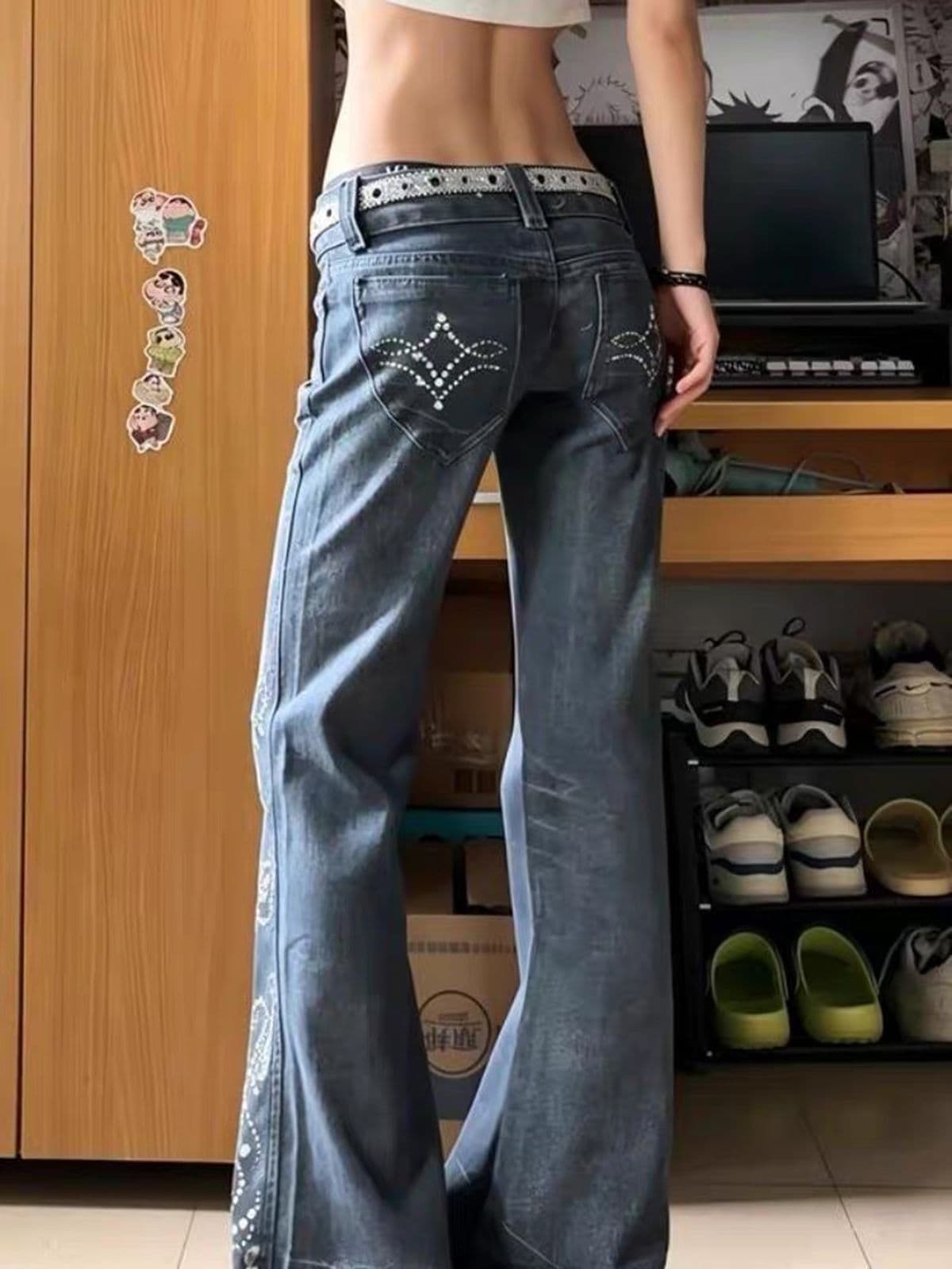 디지털 3d 명중 인쇄 된 인쇄 레트로 보석 무늬 프린트 나팔 청바지 상세 이미지 3