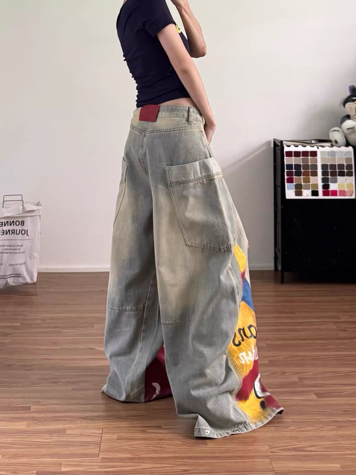 아메리칸 염색 측면 주머니 찢어진 부분 청바지 바지 여자 2026 가을 새로운 레트로 모통이 칼 와이드 레그 팬츠 상세 이미지 4