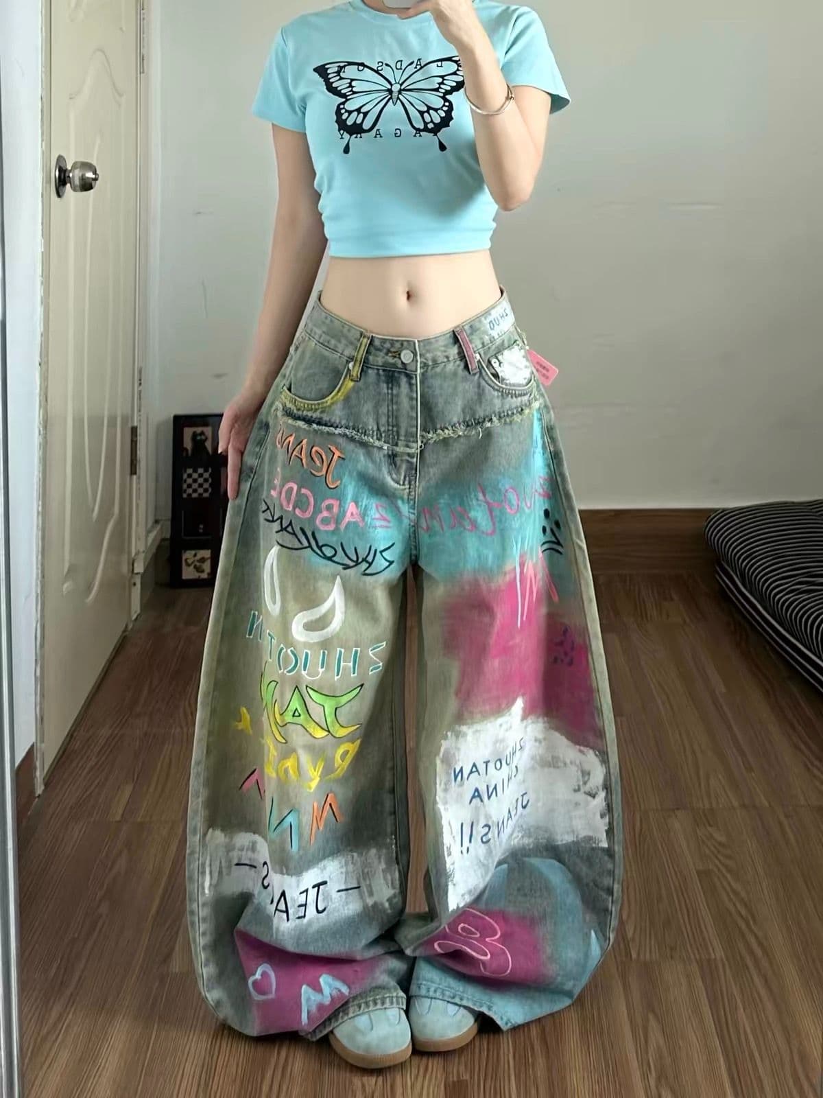 색상 낙서 수채화 모통이 칼 청바지 바지 여자 2026 가을 새로운 루즈핏 슬림해 보이는 다용도 와이드 레그 팬츠 이미지 3