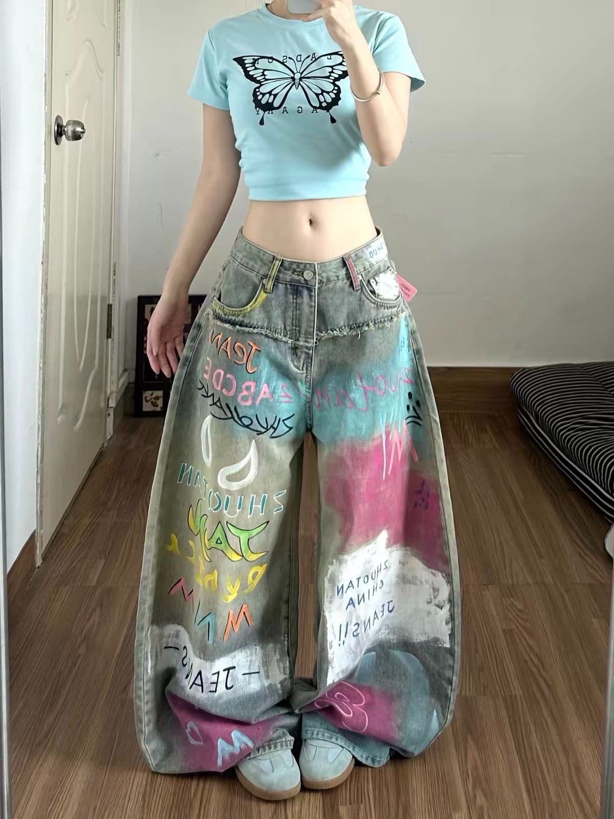 색상 낙서 수채화 모통이 칼 청바지 바지 여자 2026 가을 새로운 루즈핏 슬림해 보이는 다용도 와이드 레그 팬츠 상세 이미지 1