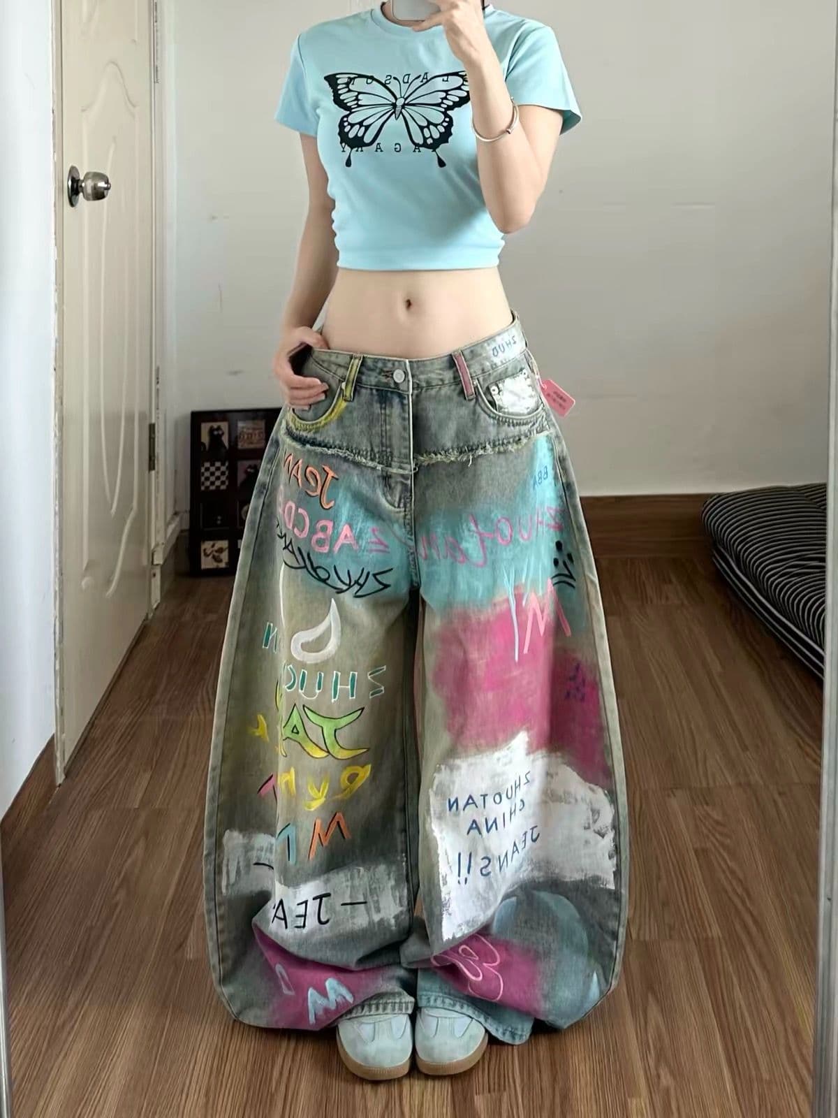 색상 낙서 수채화 모통이 칼 청바지 바지 여자 2026 가을 새로운 루즈핏 슬림해 보이는 다용도 와이드 레그 팬츠 상세 이미지 3