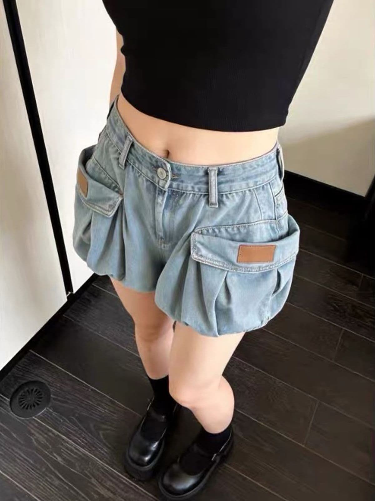 한 부서 레트로 파란색 꽃밭 데님 반바지 바지 여자 2026 가을 새로운 슬림해 보이는 주머니 워크웨어 핫 바지 상세 이미지 4