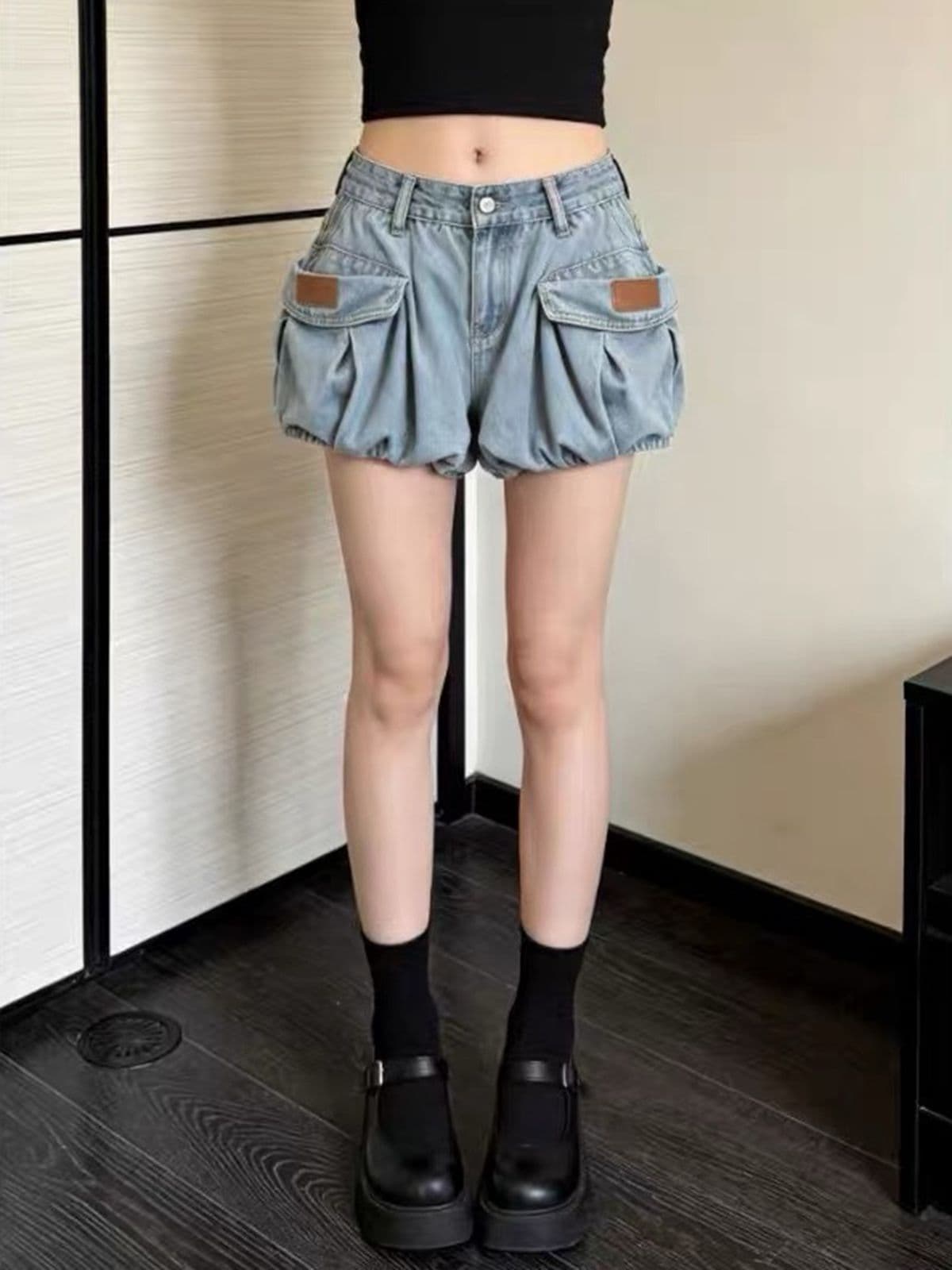 한 부서 레트로 파란색 꽃밭 데님 반바지 바지 여자 2026 가을 새로운 슬림해 보이는 주머니 워크웨어 핫 바지 상세 이미지 5