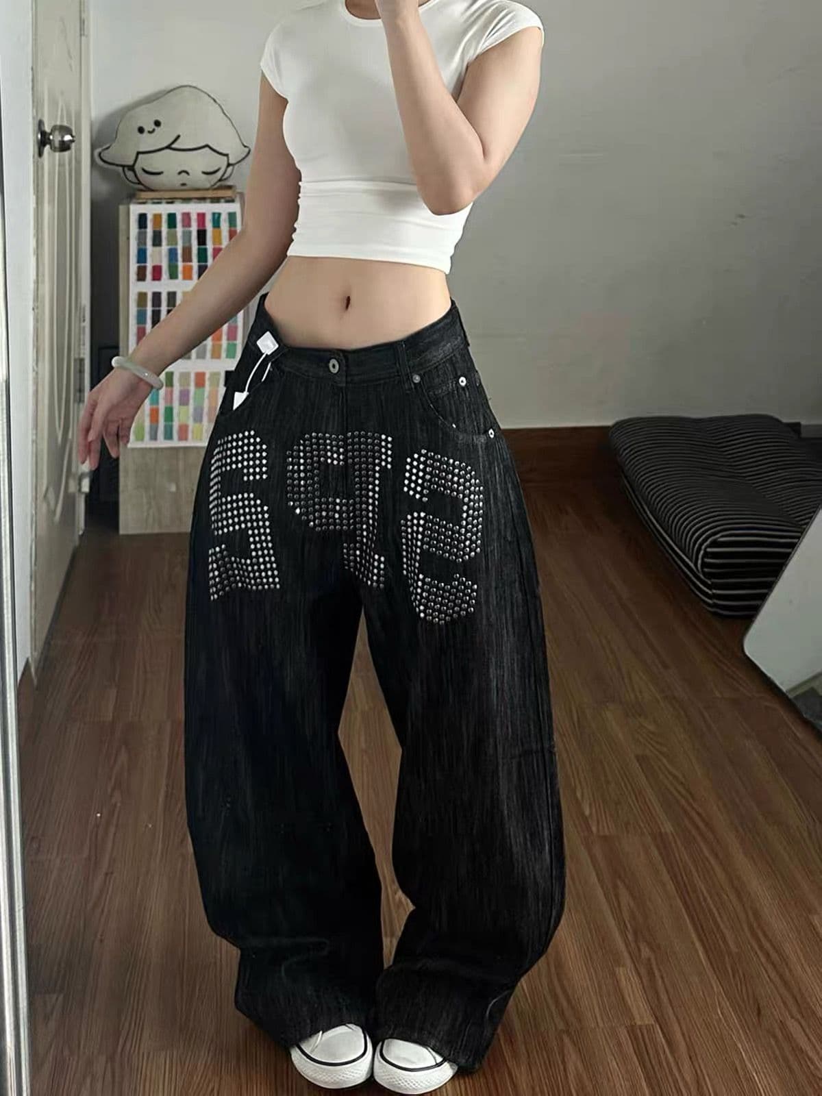 아메리칸 해체 악당 잘 생긴 알파벳 징 디자인 센스 넓은 다리 청바지 남녀 루즈핏 슬림해 보이는 다용도 캐주얼 긴 바지 이미지 2