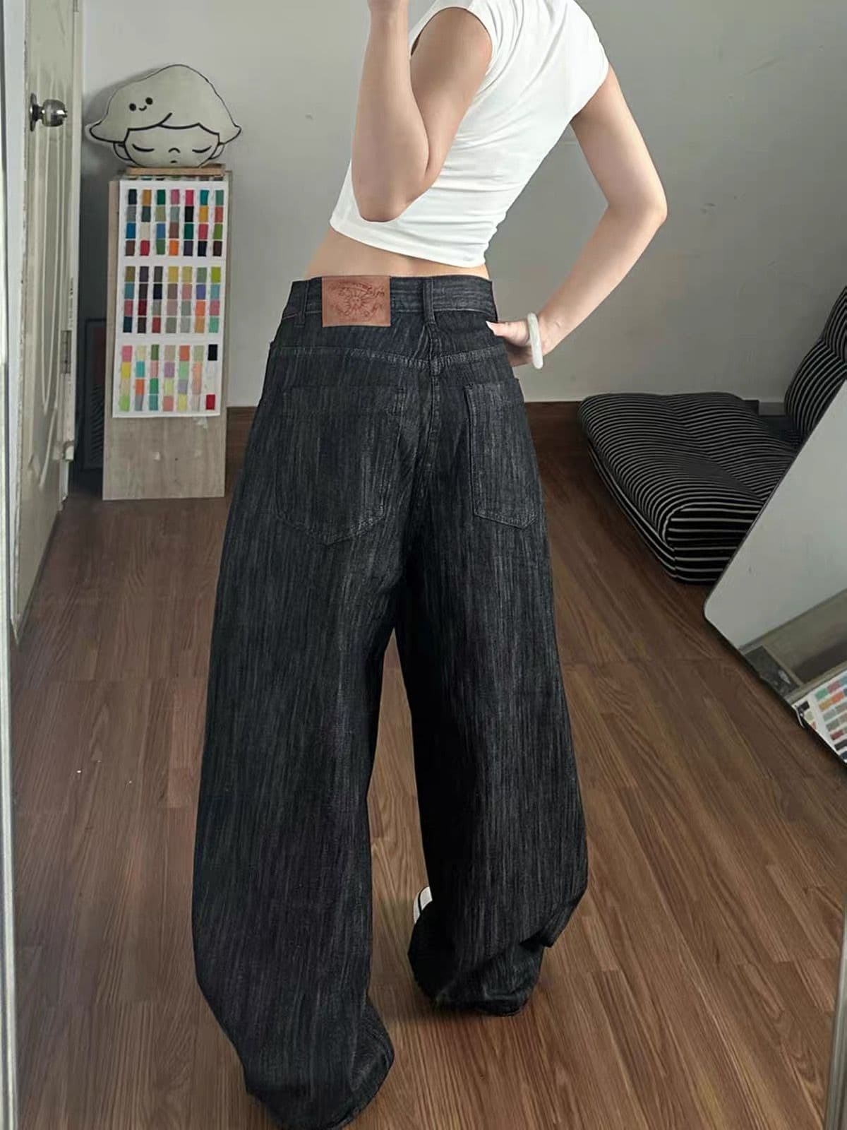 아메리칸 해체 악당 잘 생긴 알파벳 징 디자인 센스 넓은 다리 청바지 남녀 루즈핏 슬림해 보이는 다용도 캐주얼 긴 바지 이미지 3