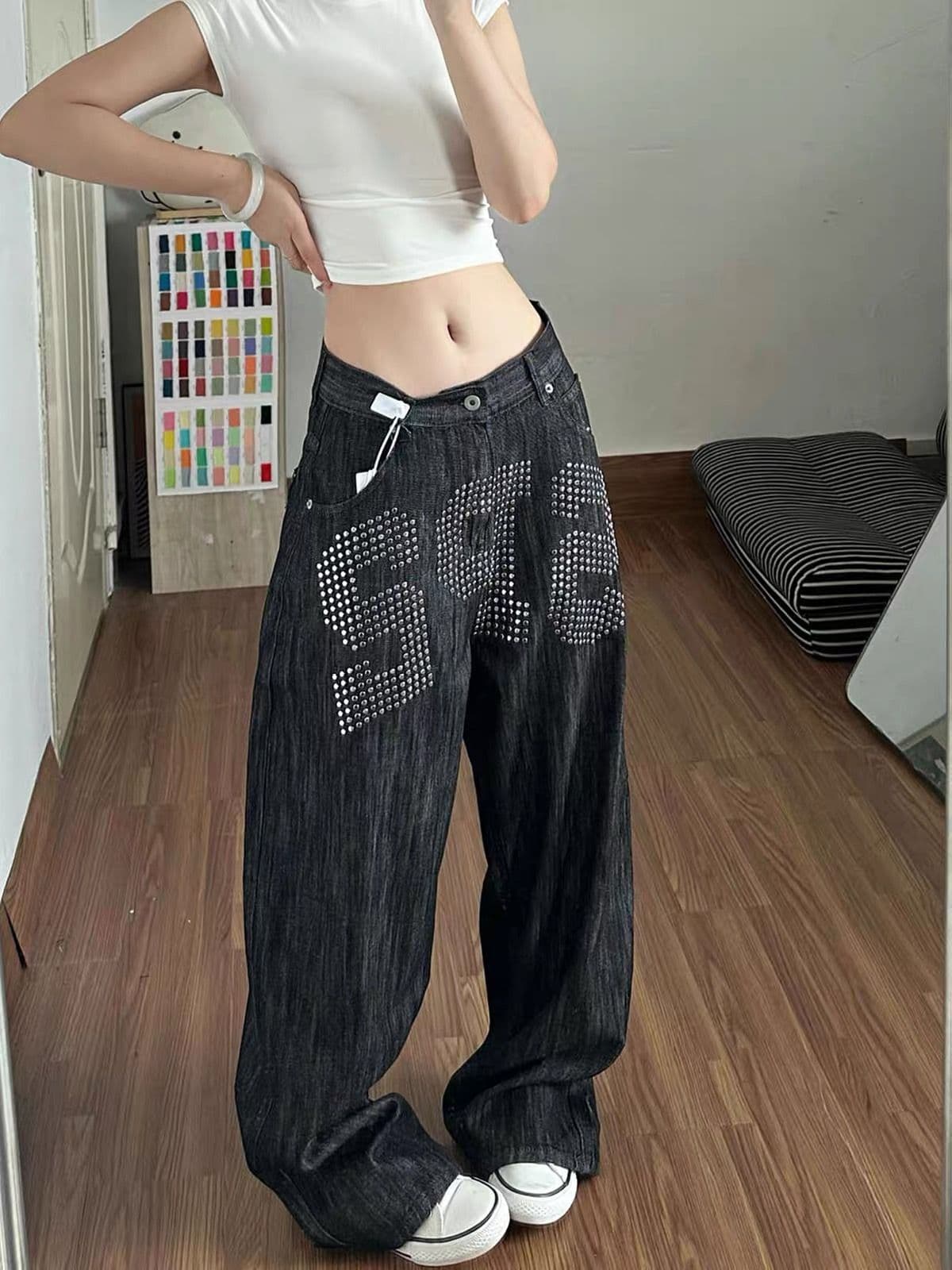 아메리칸 해체 악당 잘 생긴 알파벳 징 디자인 센스 넓은 다리 청바지 남녀 루즈핏 슬림해 보이는 다용도 캐주얼 긴 바지 상세 이미지 3