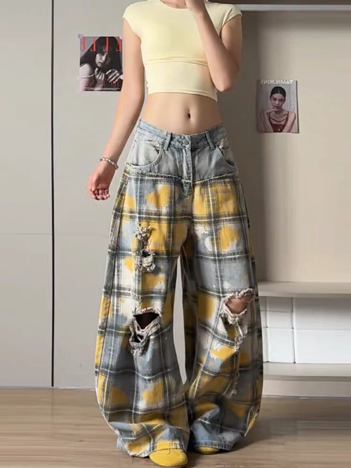 가을 루즈핏 디자인 센스 핫걸 넓은 다리 모통이 칼 바지 아메리칸 워싱 마 오래된 패치워크 찢어진 부분 체크무늬 청바지 여성