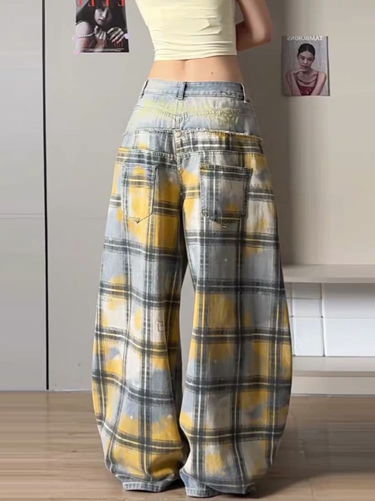 가을 루즈핏 디자인 센스 핫걸 넓은 다리 모통이 칼 바지 아메리칸 워싱 마 오래된 패치워크 찢어진 부분 체크무늬 청바지 여성 이미지 2