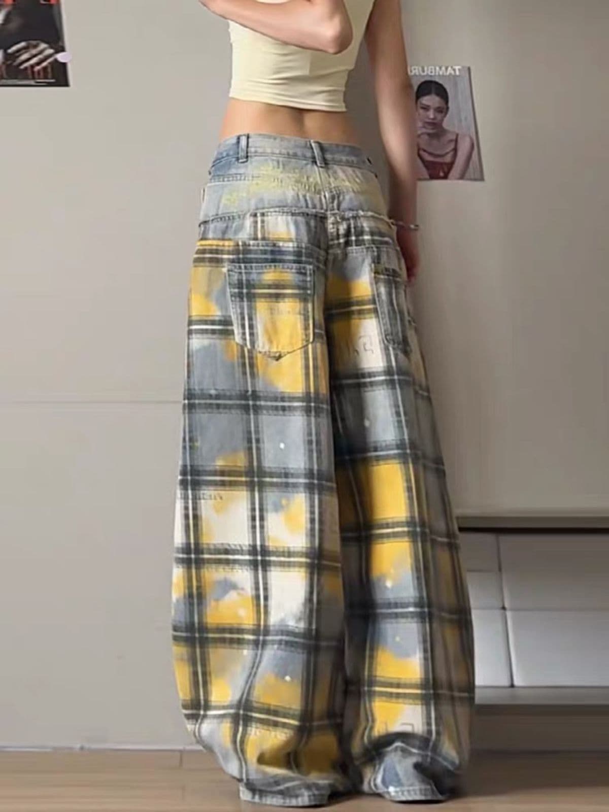 가을 루즈핏 디자인 센스 핫걸 넓은 다리 모통이 칼 바지 아메리칸 워싱 마 오래된 패치워크 찢어진 부분 체크무늬 청바지 여성 상세 이미지 2