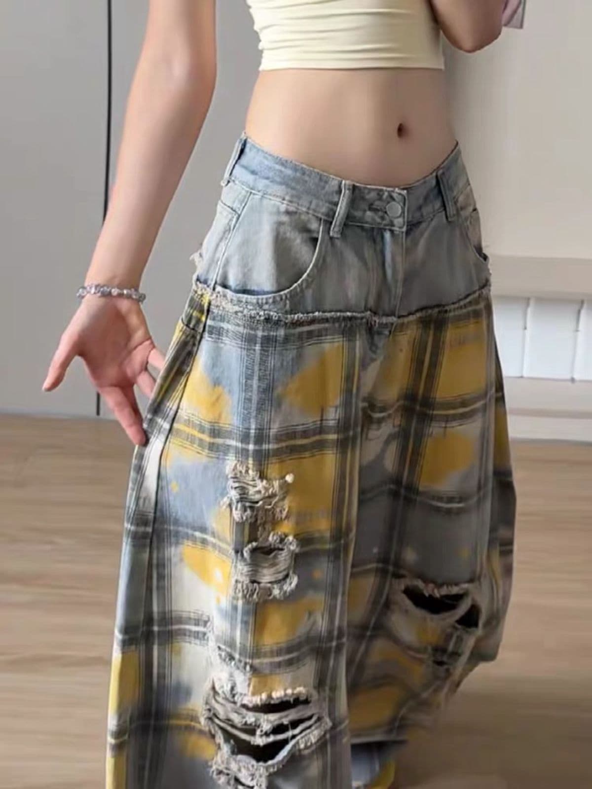 가을 루즈핏 디자인 센스 핫걸 넓은 다리 모통이 칼 바지 아메리칸 워싱 마 오래된 패치워크 찢어진 부분 체크무늬 청바지 여성 상세 이미지 5