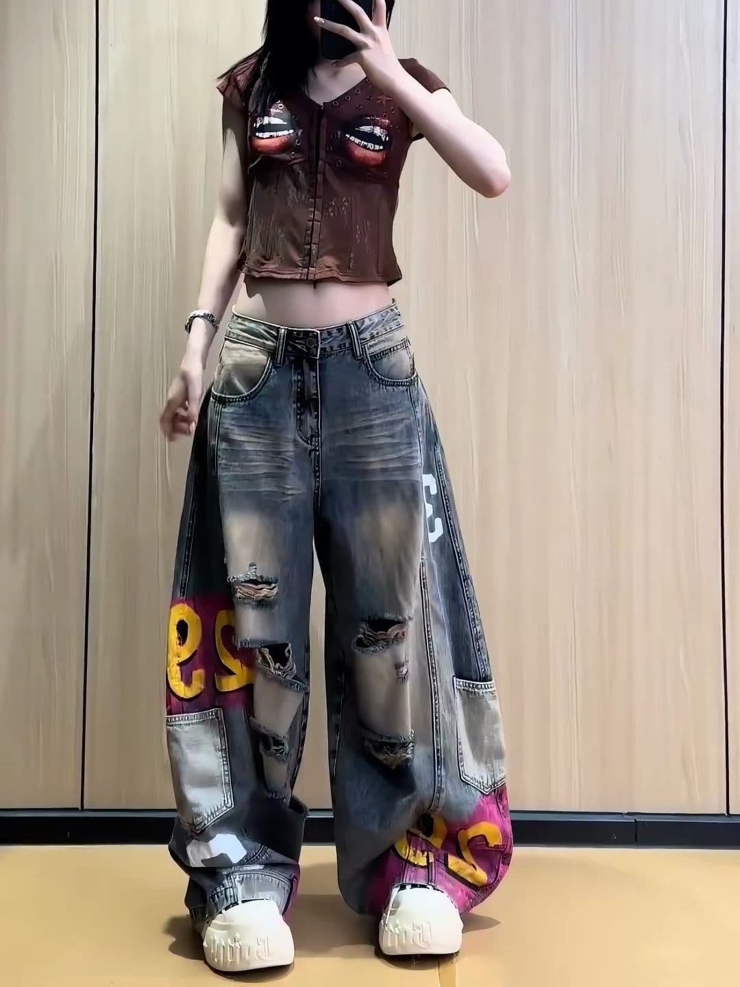 2026 가을 새로운 레트로 프린트 찢어진 부분 넓은 다리 청바지 여성 하이웨이스트 슬림해 보이는 캐주얼 워크웨어 모통이 칼 바지 여성 상세 이미지 1