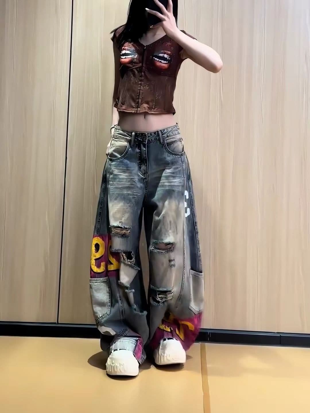 2026 가을 새로운 레트로 프린트 찢어진 부분 넓은 다리 청바지 여성 하이웨이스트 슬림해 보이는 캐주얼 워크웨어 모통이 칼 바지 여성 상세 이미지 4