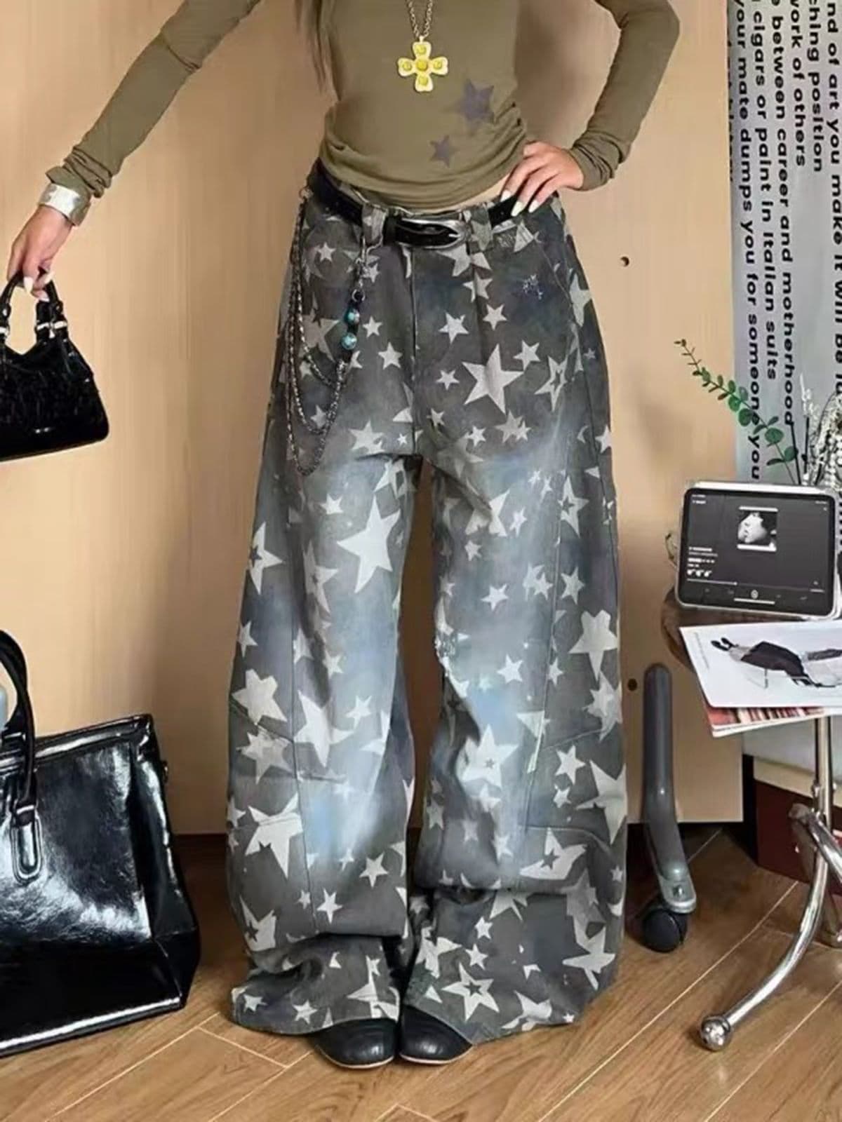 아메리칸 별 전체 인쇄 그라데이션 카모플라주 워크웨어 팬츠 남녀 루즈핏 캐주얼 다용도 넓은 다리 길이 바지 이미지 3