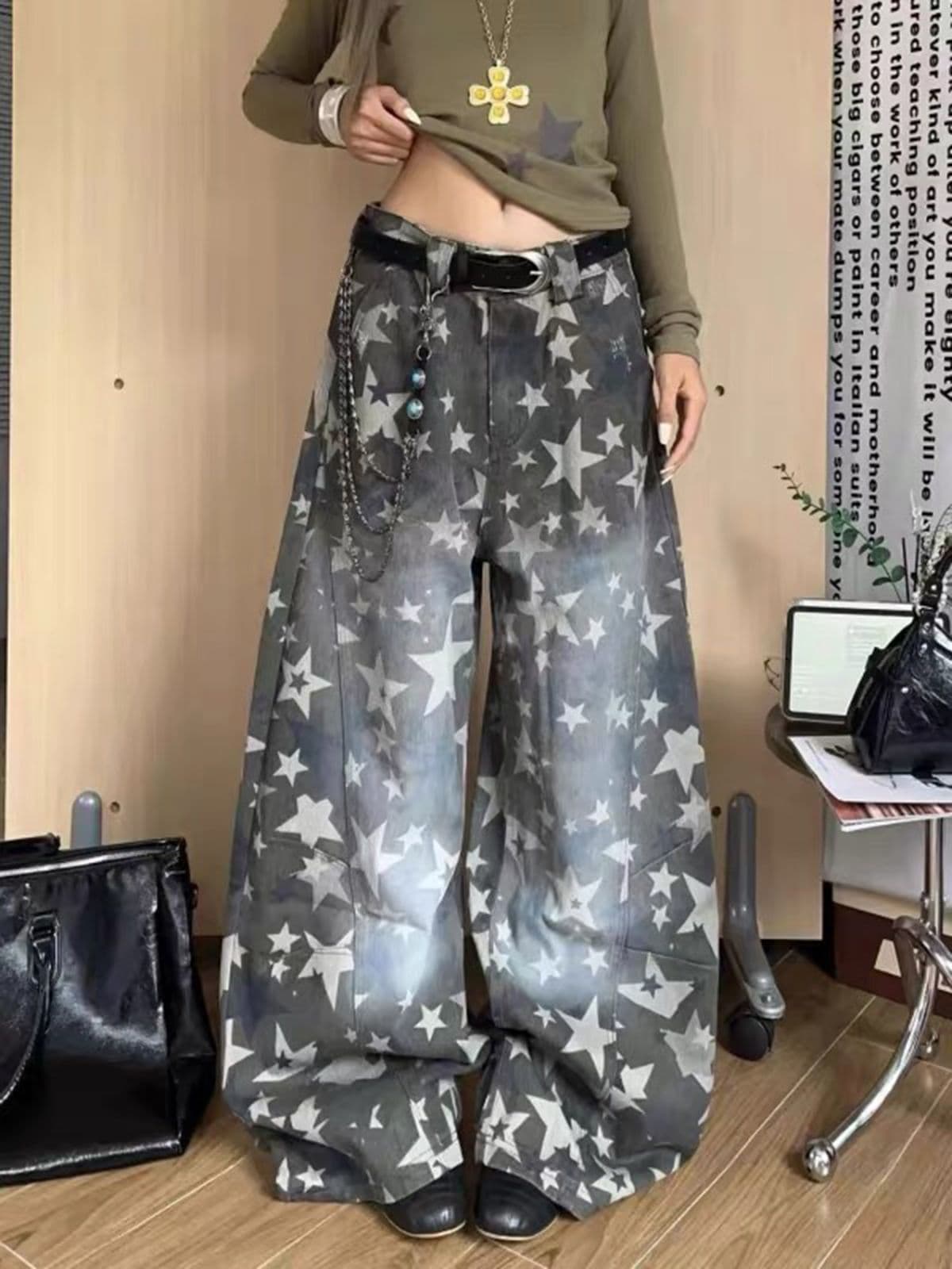 아메리칸 별 전체 인쇄 그라데이션 카모플라주 워크웨어 팬츠 남녀 루즈핏 캐주얼 다용도 넓은 다리 길이 바지 상세 이미지 1