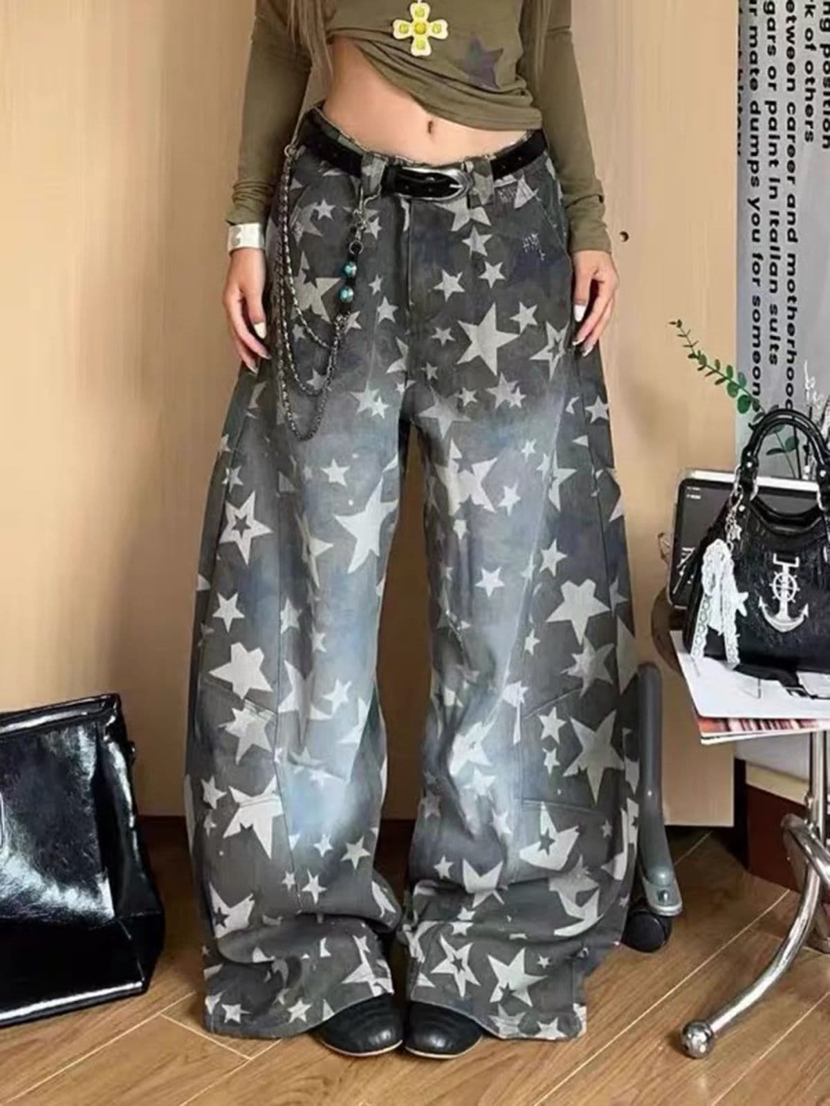 아메리칸 별 전체 인쇄 그라데이션 카모플라주 워크웨어 팬츠 남녀 루즈핏 캐주얼 다용도 넓은 다리 길이 바지 상세 이미지 4
