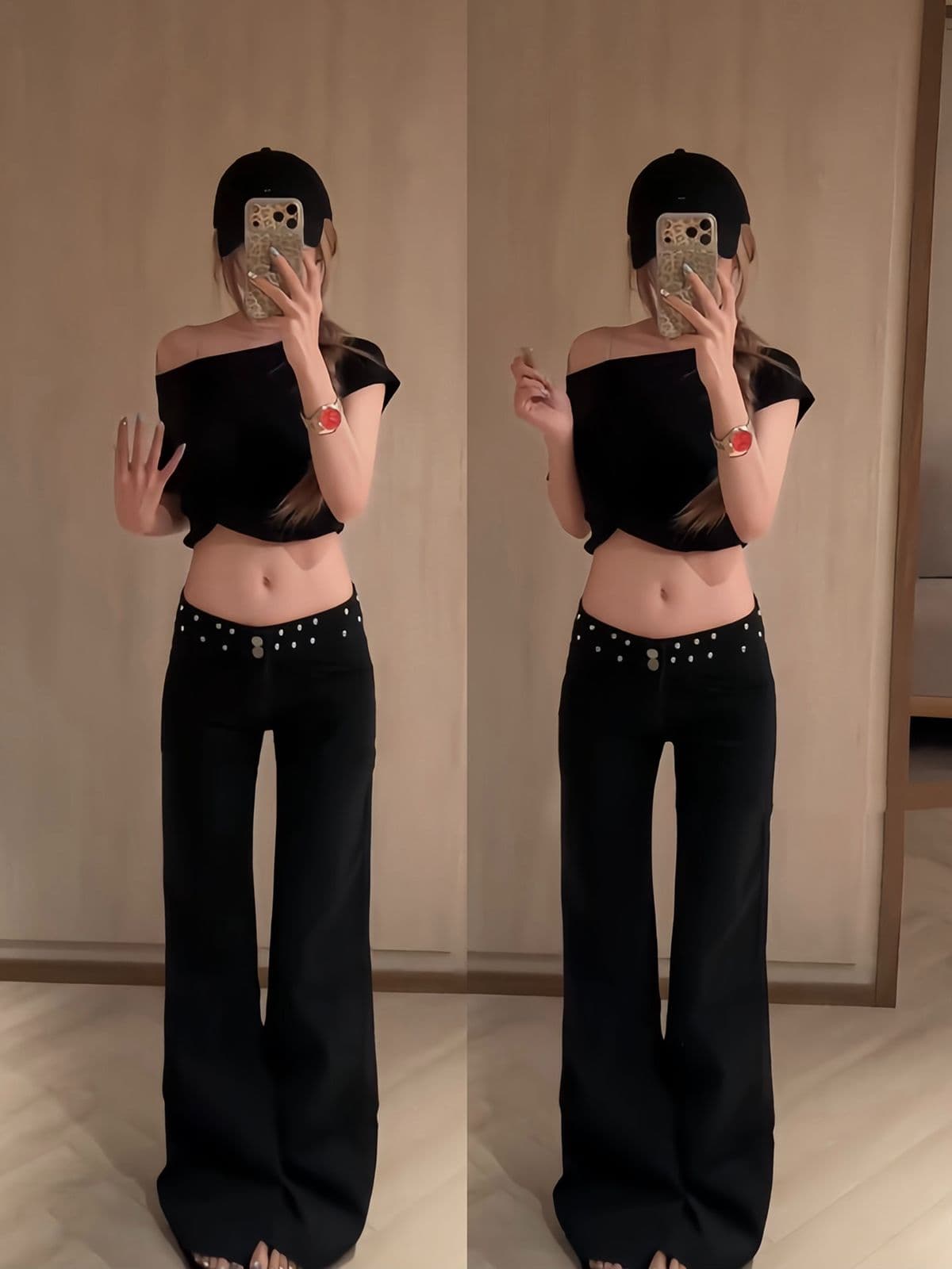 아메리칸 레트로 핫걸 디자인 센스 검정색 징 마 오래된 워싱 청바지 아이들 가을 넓은 다리 루즈핏 바닥 청소 바지 이미지 4